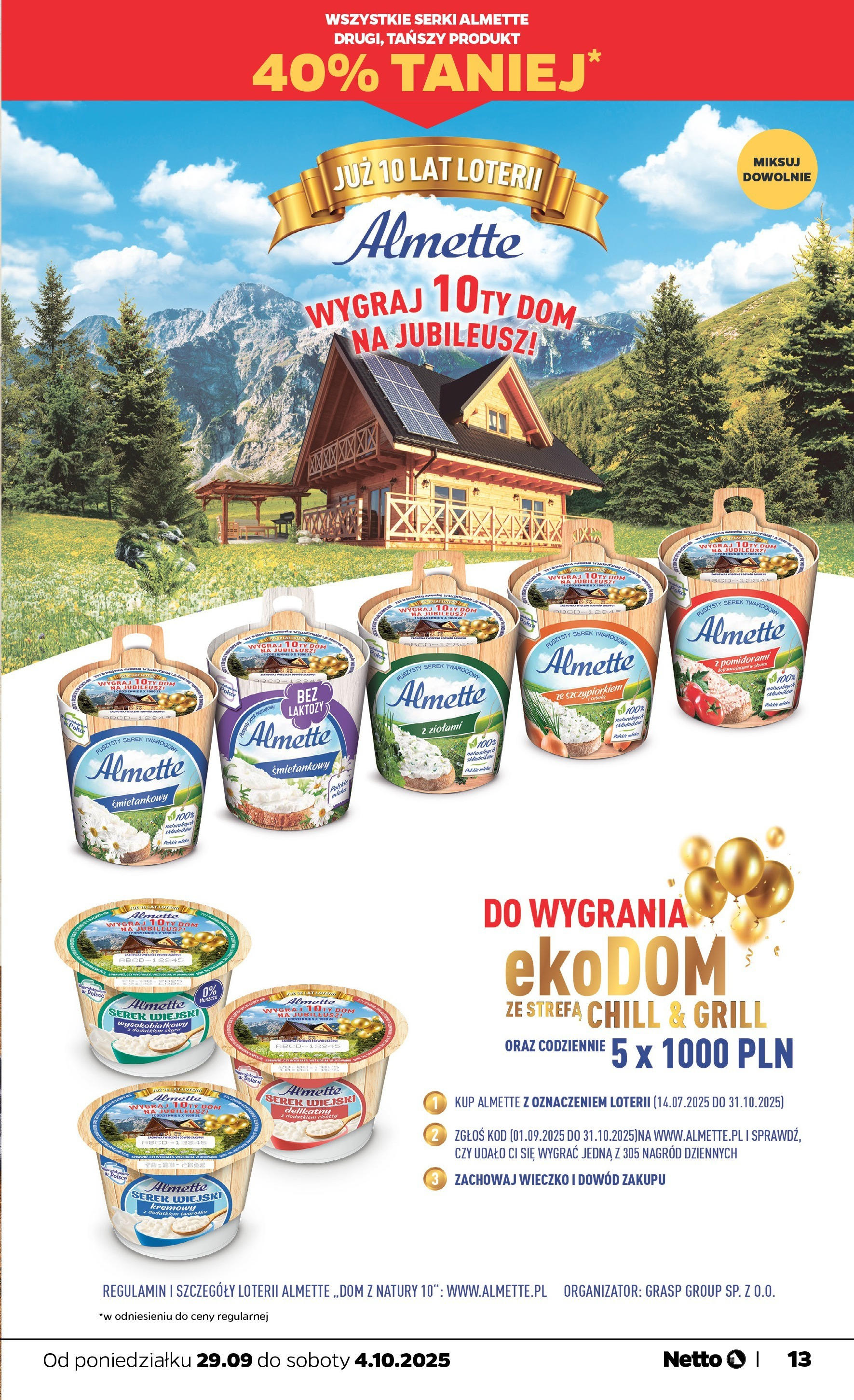 Netto gazetka - Spożywcza od 29.09.2025 - Aktualne promocje | Strona: 13 | Produkty: Serek, Grill, Serek wiejski, Mleko