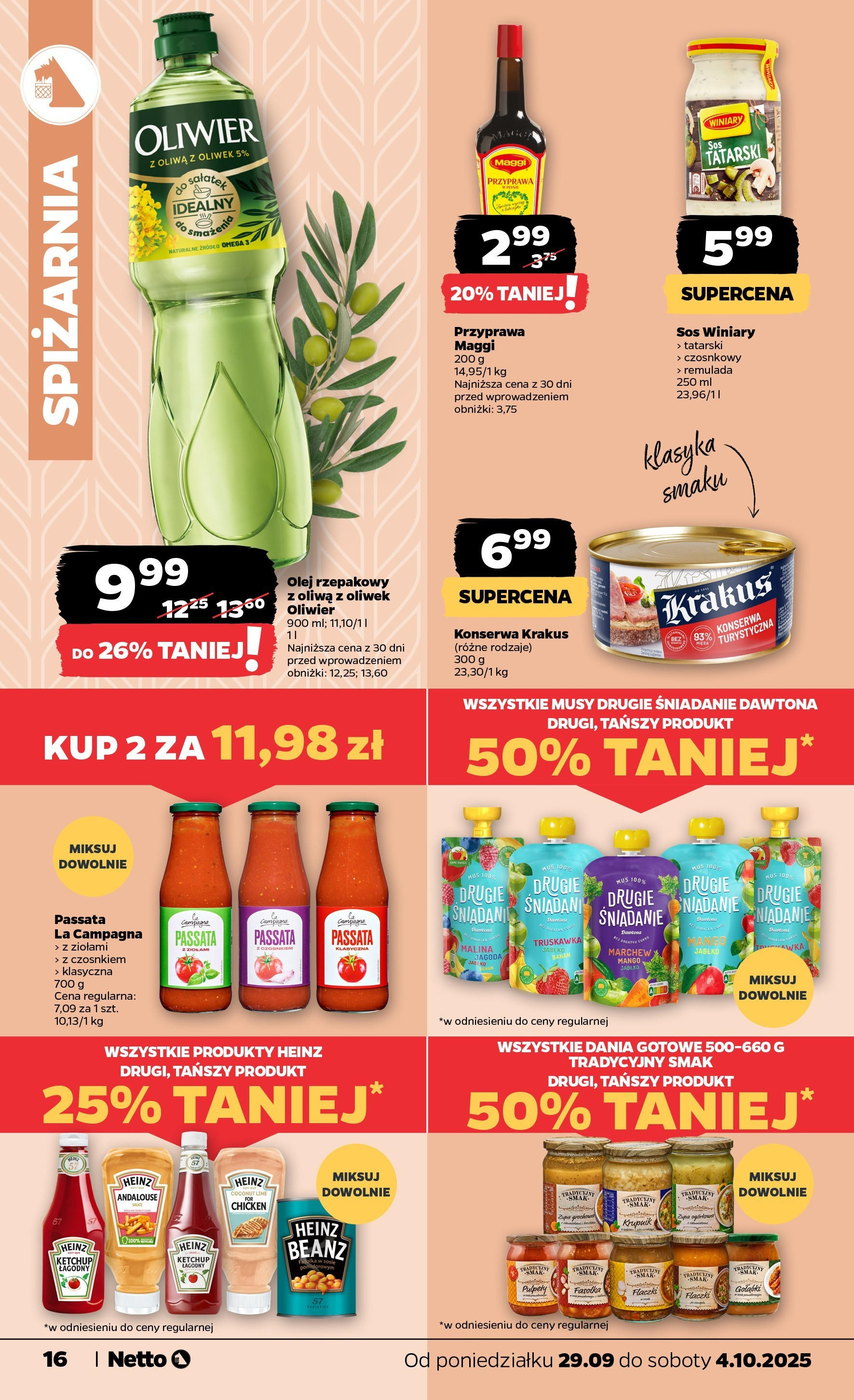 Netto gazetka - Spożywcza od 29.09.2025 - Aktualne promocje | Strona: 16 | Produkty: Olej rzepakowy, Ketchup, Owoce, Sos