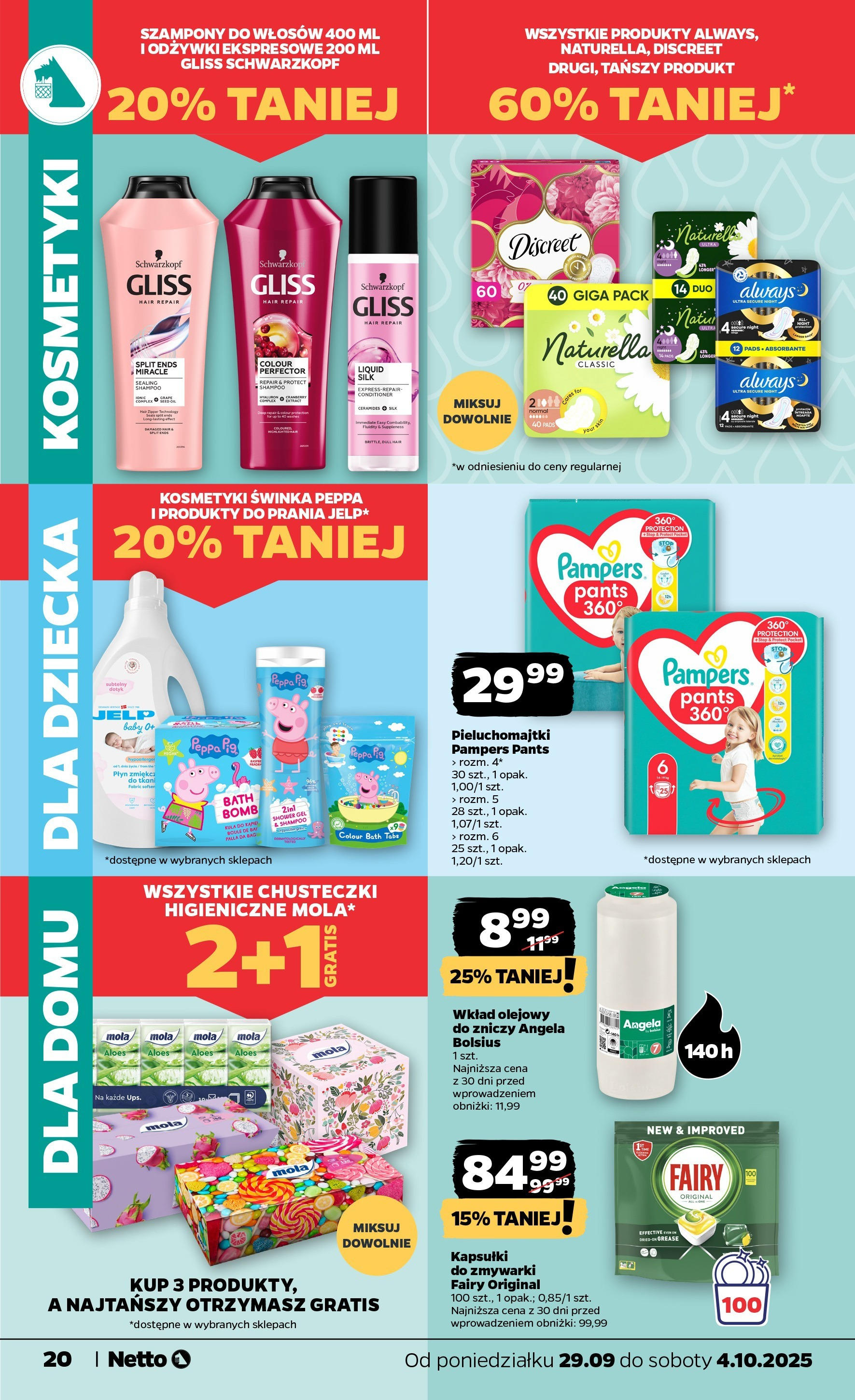 Netto gazetka - Spożywcza od 29.09.2025 - Aktualne promocje | Strona: 20 | Produkty: Kosmetyki, Pampers, Aloes, Fairy