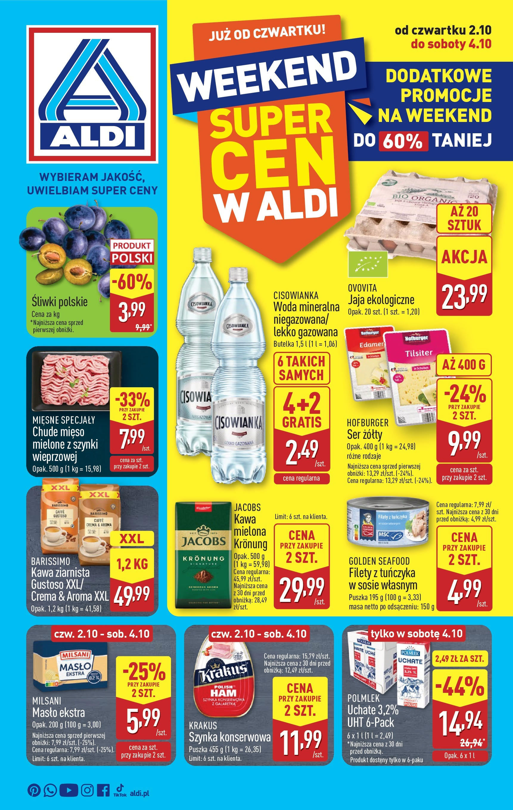Aldi Gazetka - Okazje na weekend od 02.10.2025 - Ulotka PDF, promocje | Strona: 1 | Produkty: Ser żółty, Szynka, Sorbet, Kawa