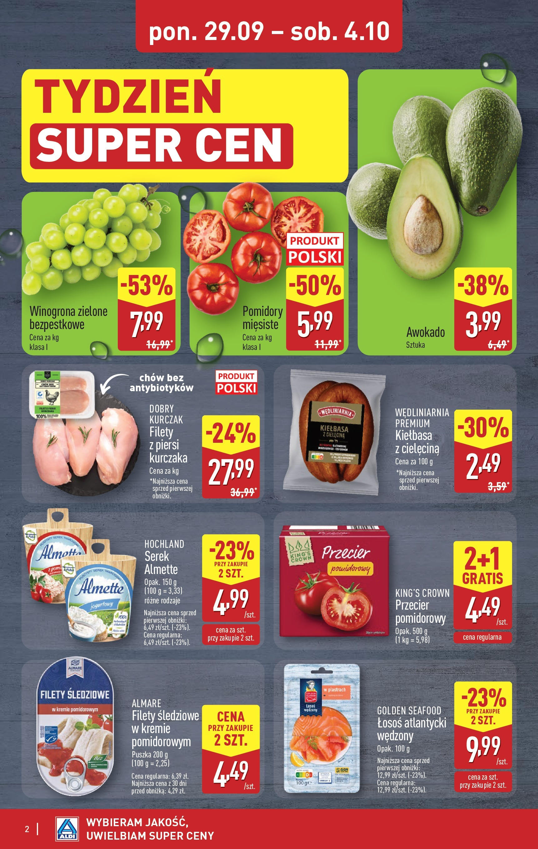 Aldi Gazetka - Okazje na weekend od 02.10.2025 - Ulotka PDF, promocje | Strona: 2 | Produkty: Kiełbasa, Winogrona, Łosoś, Awokado