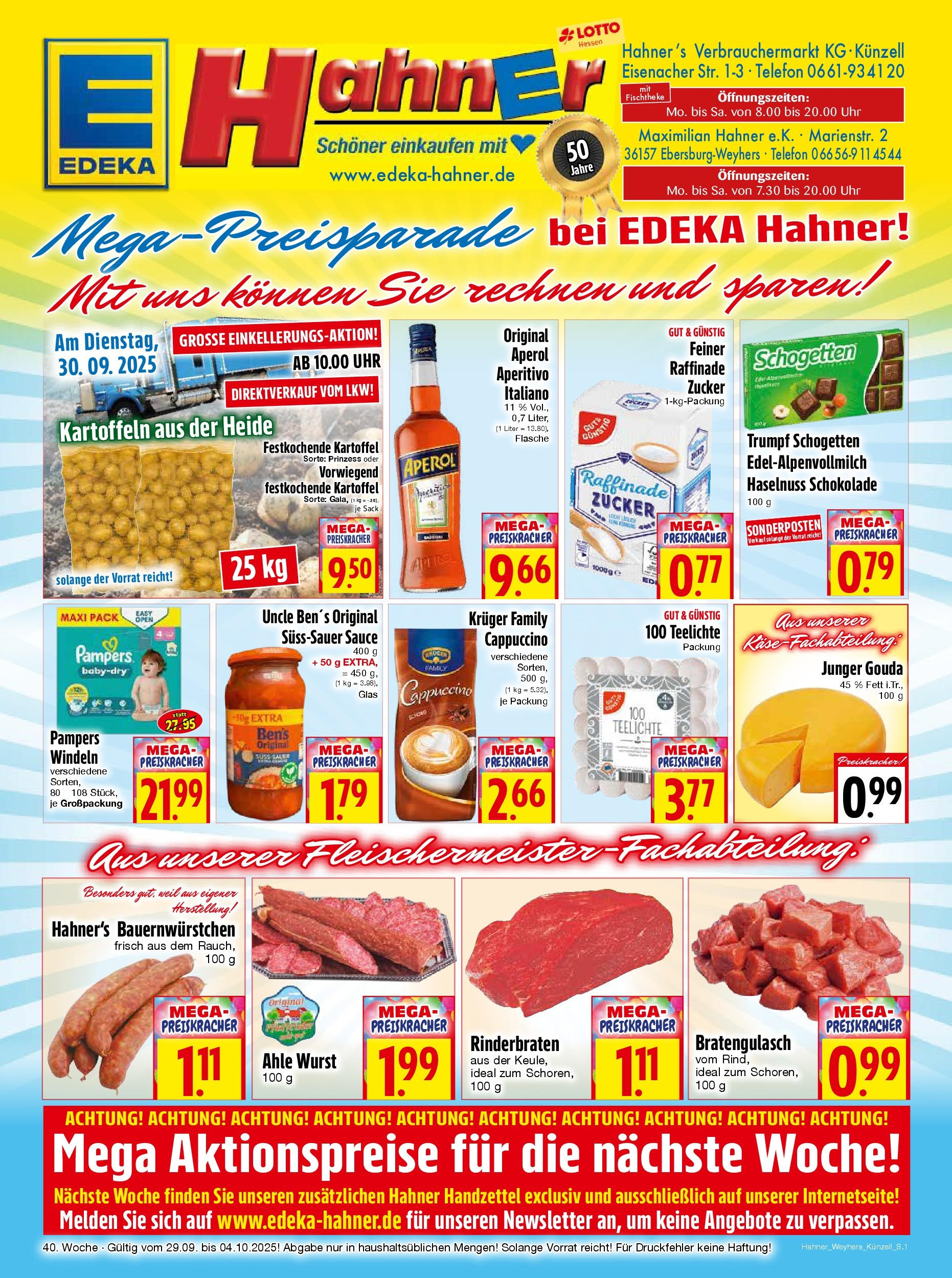 Entdecke - Edeka Hahner: Wochenangebote (ab 28.09.2025) zum Blättern | Seite: 1 | Produkte: Schokolade, Gouda, Schogetten, Uhr