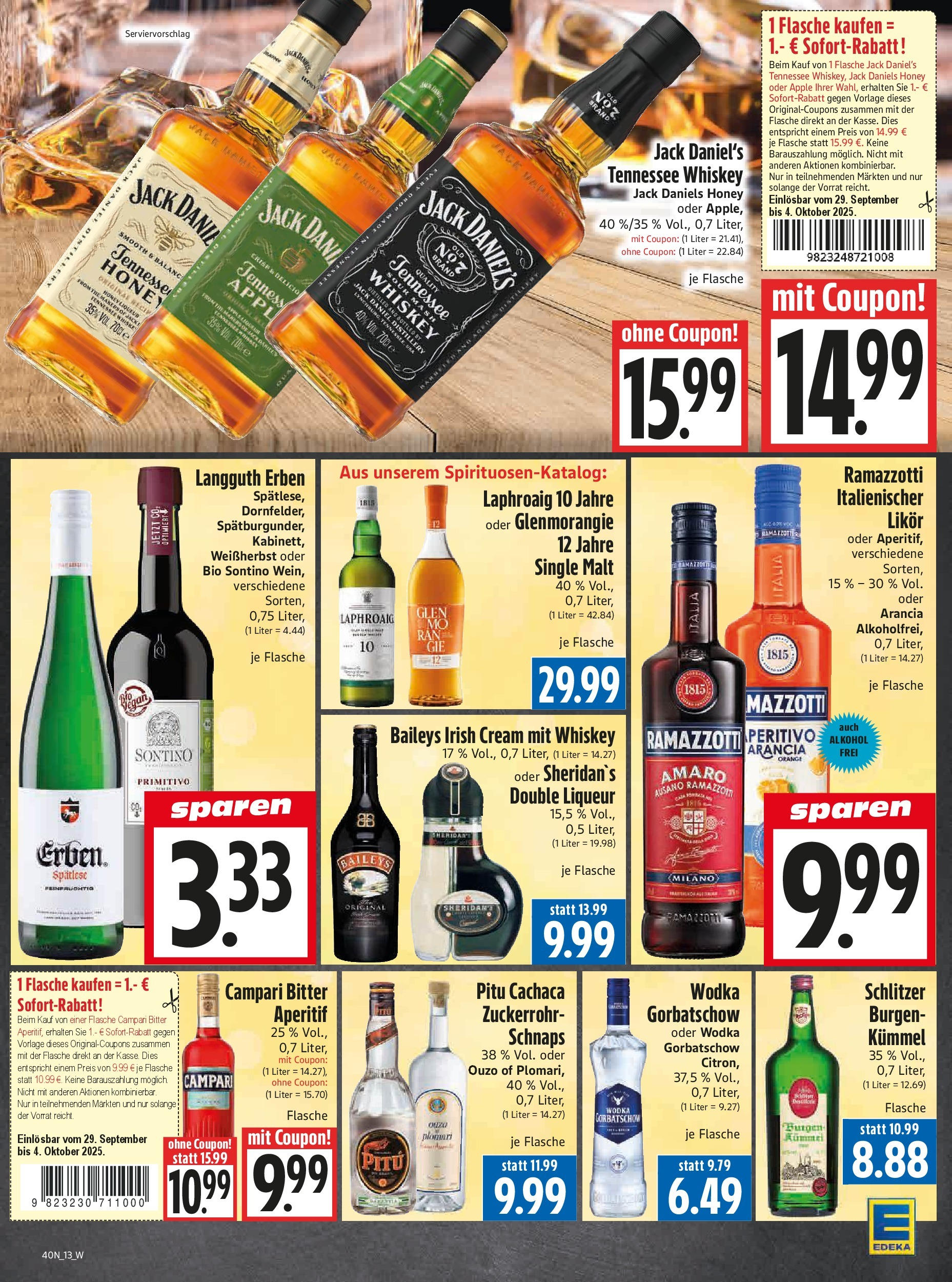 Entdecke - Edeka Hahner: Wochenangebote (ab 28.09.2025) zum Blättern | Seite: 15 | Produkte: Ouzo, Campari, Wodka gorbatschow, Whiskey