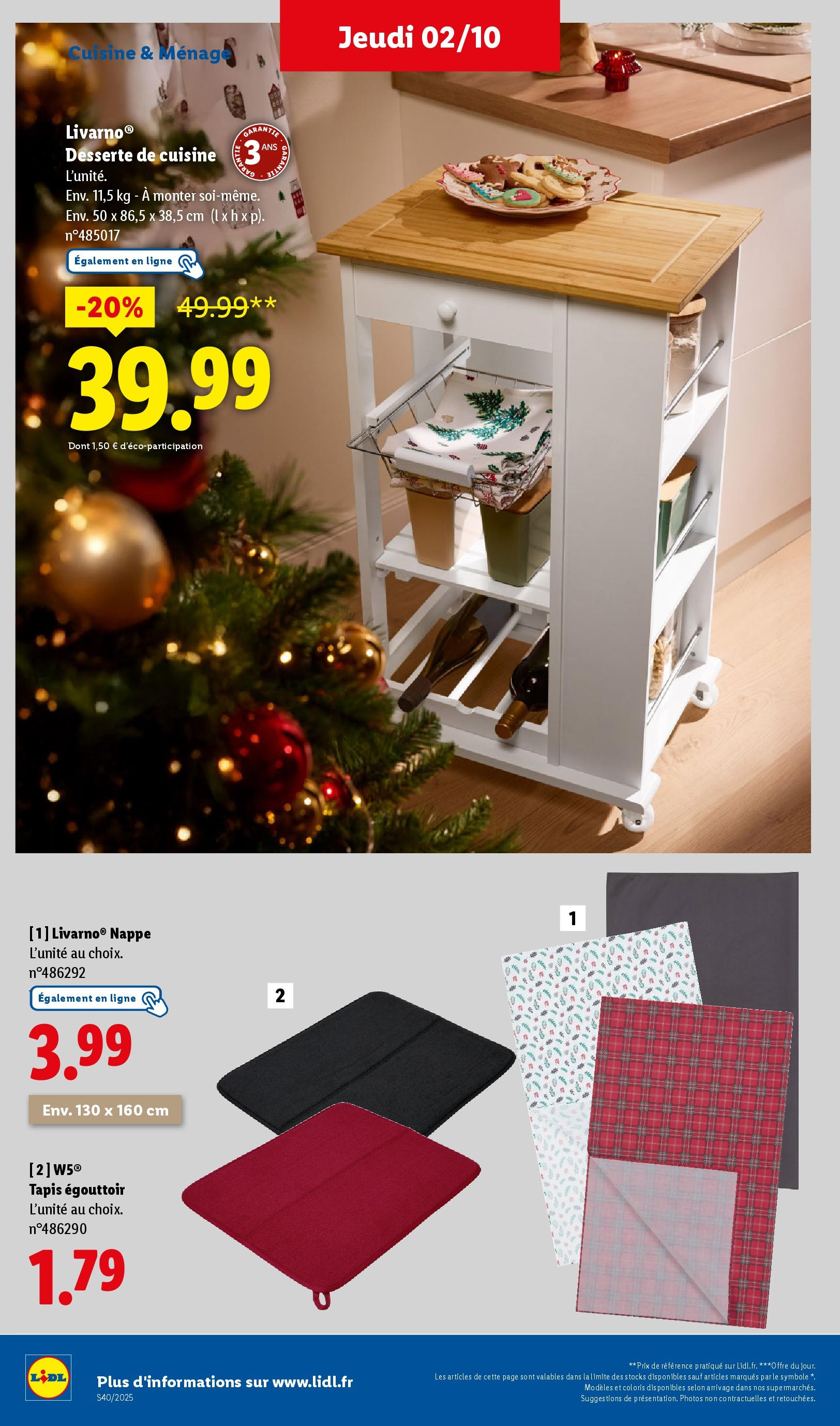 Catalogue LIDL du 01/10/2025 | Promo prospectus en ligne | Page: 40 | Produits: Égouttoir, Desserte de cuisine, Tapis, Nappe