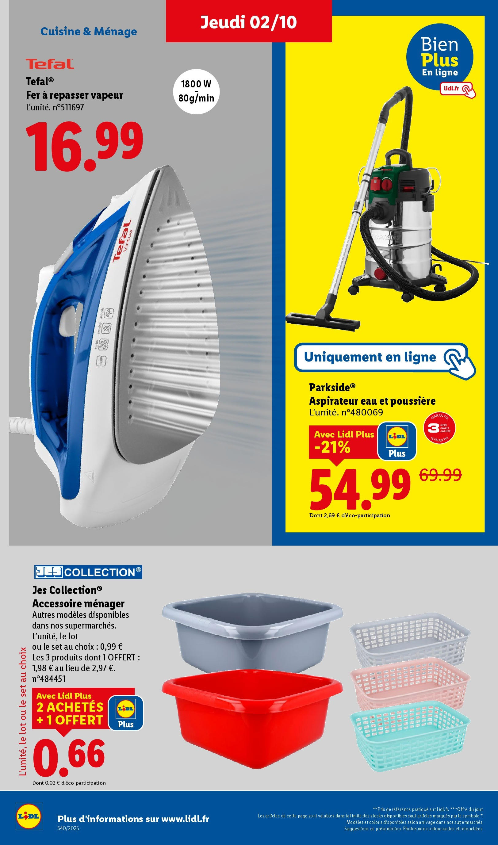 Catalogue LIDL du 01/10/2025 | Promo prospectus en ligne | Page: 44 | Produits: Aspirateur, Fer à repasser, Aspirateur eau et poussière, Tefal