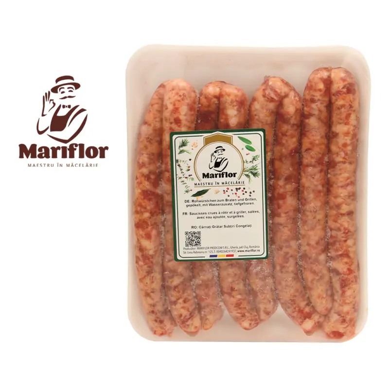 “Mariflor-Carnati gratar subtiri congelati” - Rohwürstchen zum Braten und Grillen, gepökelt, mit Wasserzusatz, tiefgefroren
