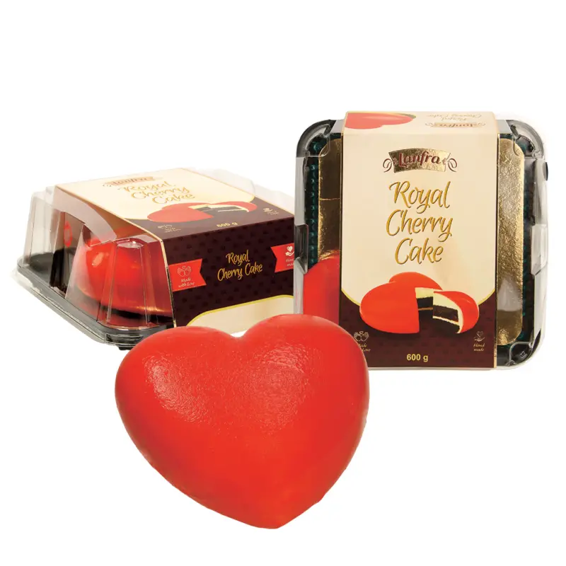 Torte mit 59% Cremefüllung und 25% aromatisierter Kirschfüllung auf 7,4% kakaohaltigem Tortenboden, umhüllt von 7,5% roter Glasur, tiefgefroren