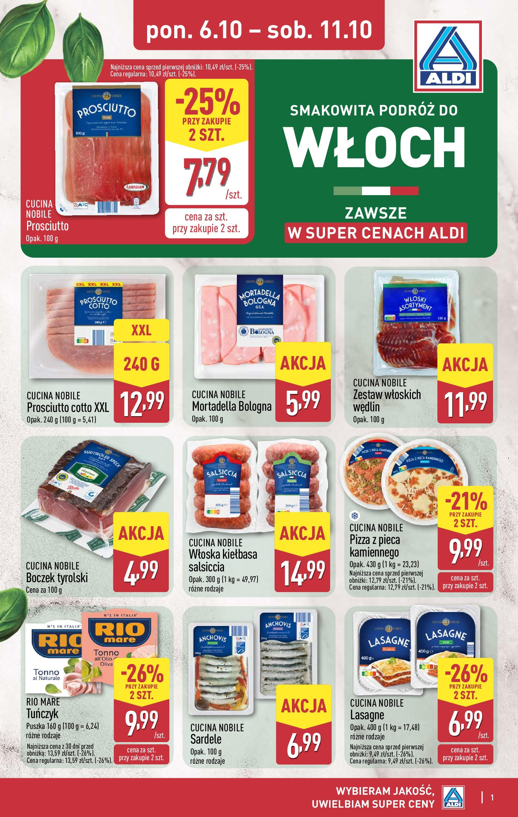 Aldi Gazetka - Smakowita podróż do Włoch od 06.10.2025 - Ulotka PDF, promocje | Strona: 1 | Produkty: Lasagne, Boczek, Prosciutto, Pizza