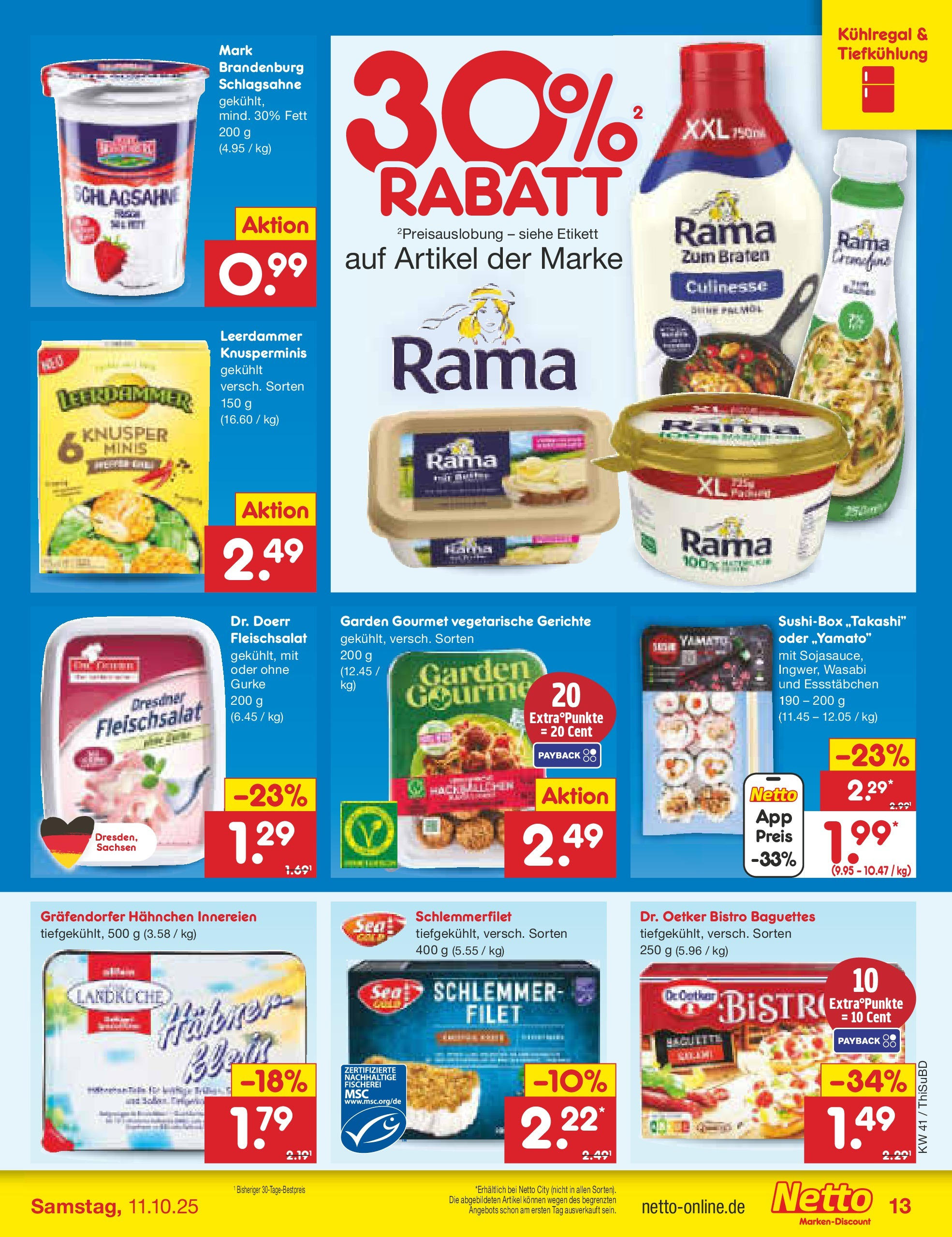 Netto Marken-Discount prospekt Thiendorf	 (ab 05.10.2025) » Angebote | Seite: 13 | Produkte: Hahnchen, Rama, Schlagsahne, Leerdammer