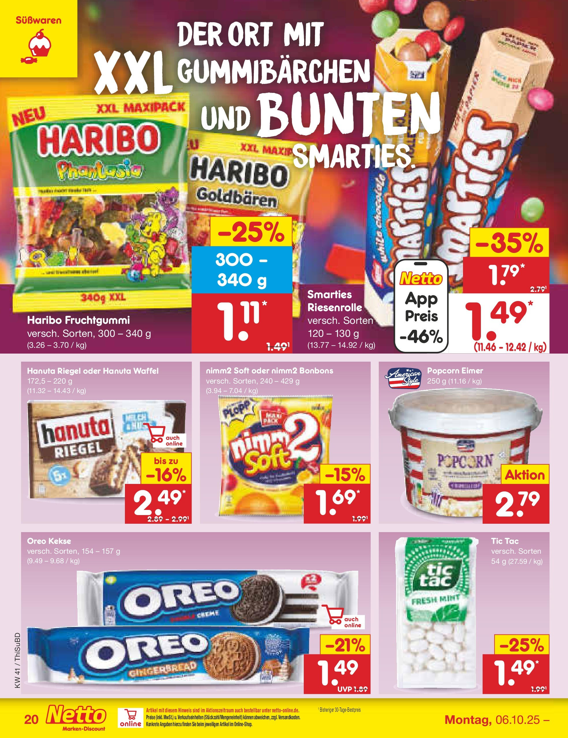 Netto Marken-Discount prospekt Thiendorf	 (ab 05.10.2025) » Angebote | Seite: 20 | Produkte: Haribo, Smarties, Kekse