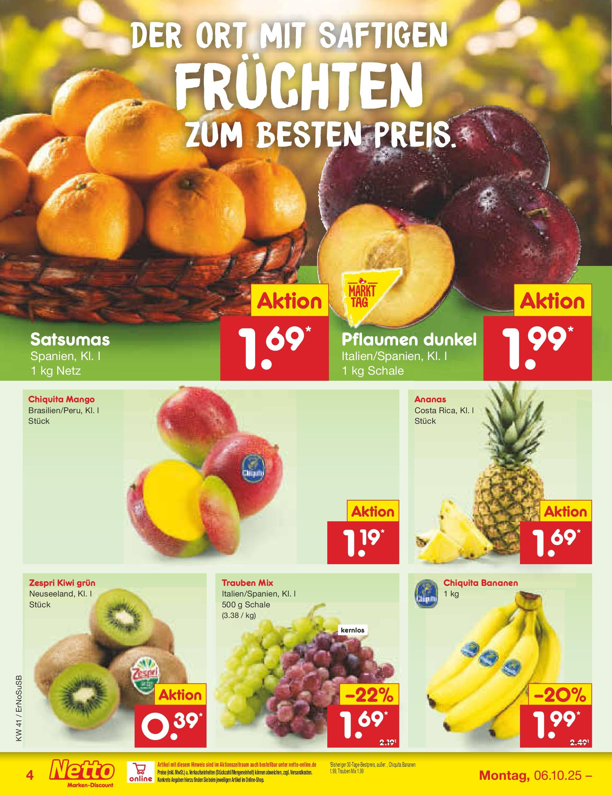 Netto Marken-Discount prospekt Nordhausen	 (ab 05.10.2025) » Angebote | Seite: 4 | Produkte: Pflaumen, Bananen, Mango, Kiwi