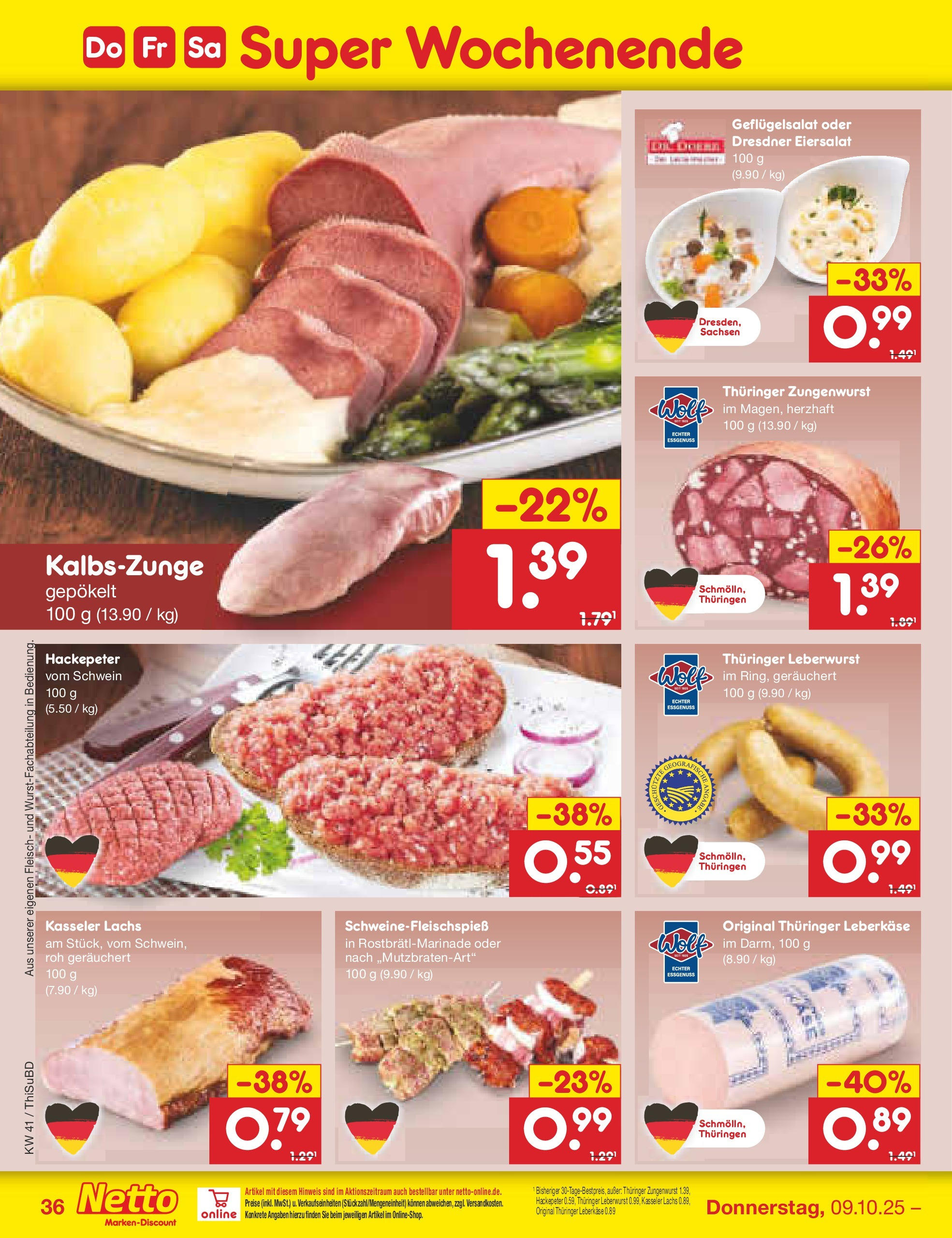 Netto Marken-Discount prospekt Thiendorf	 (ab 05.10.2025) » Angebote | Seite: 40 | Produkte: Lachs, Fleisch, Leberkase