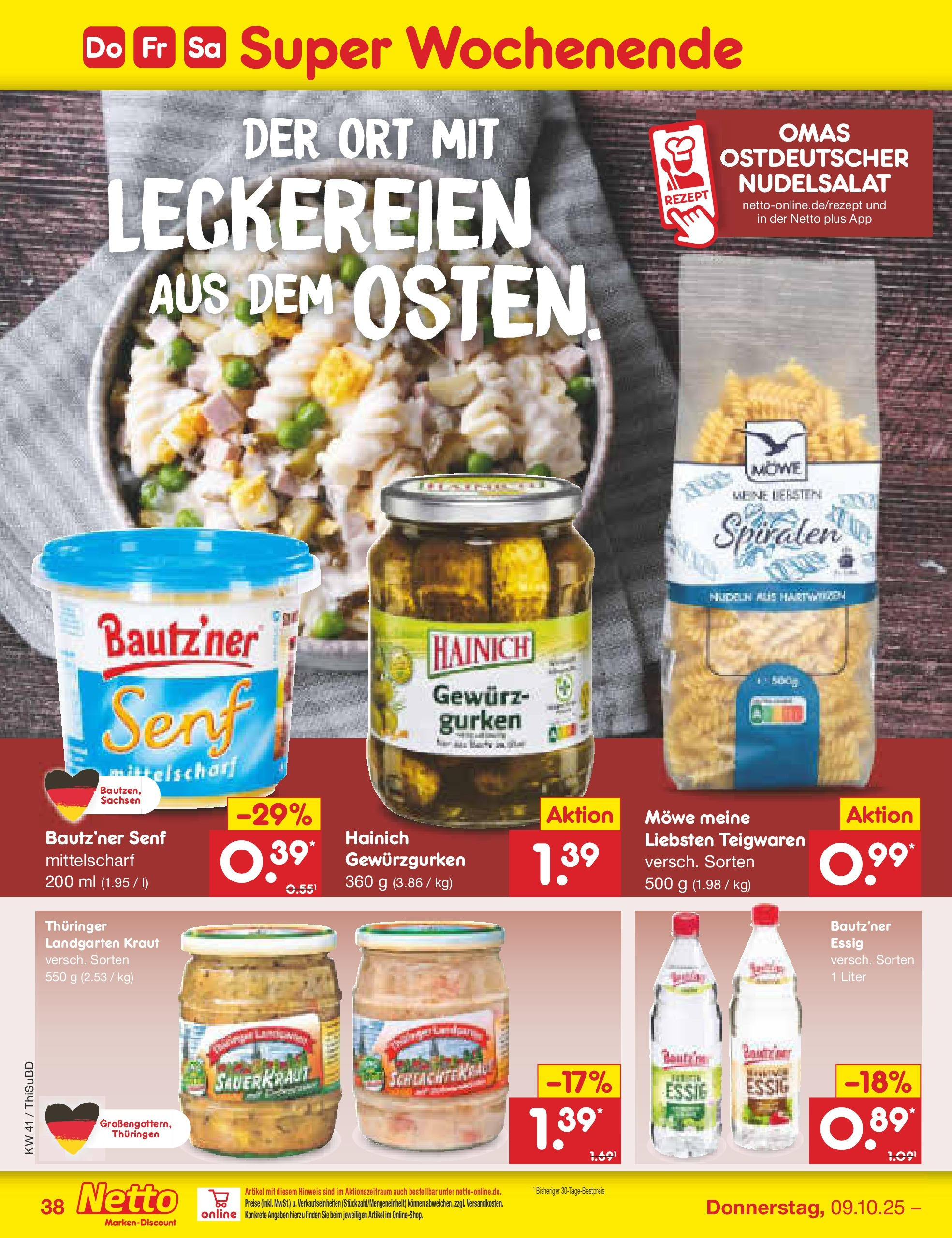 Netto Marken-Discount prospekt Thiendorf	 (ab 05.10.2025) » Angebote | Seite: 42 | Produkte: Essig, Kraut, Nudeln, Gurken