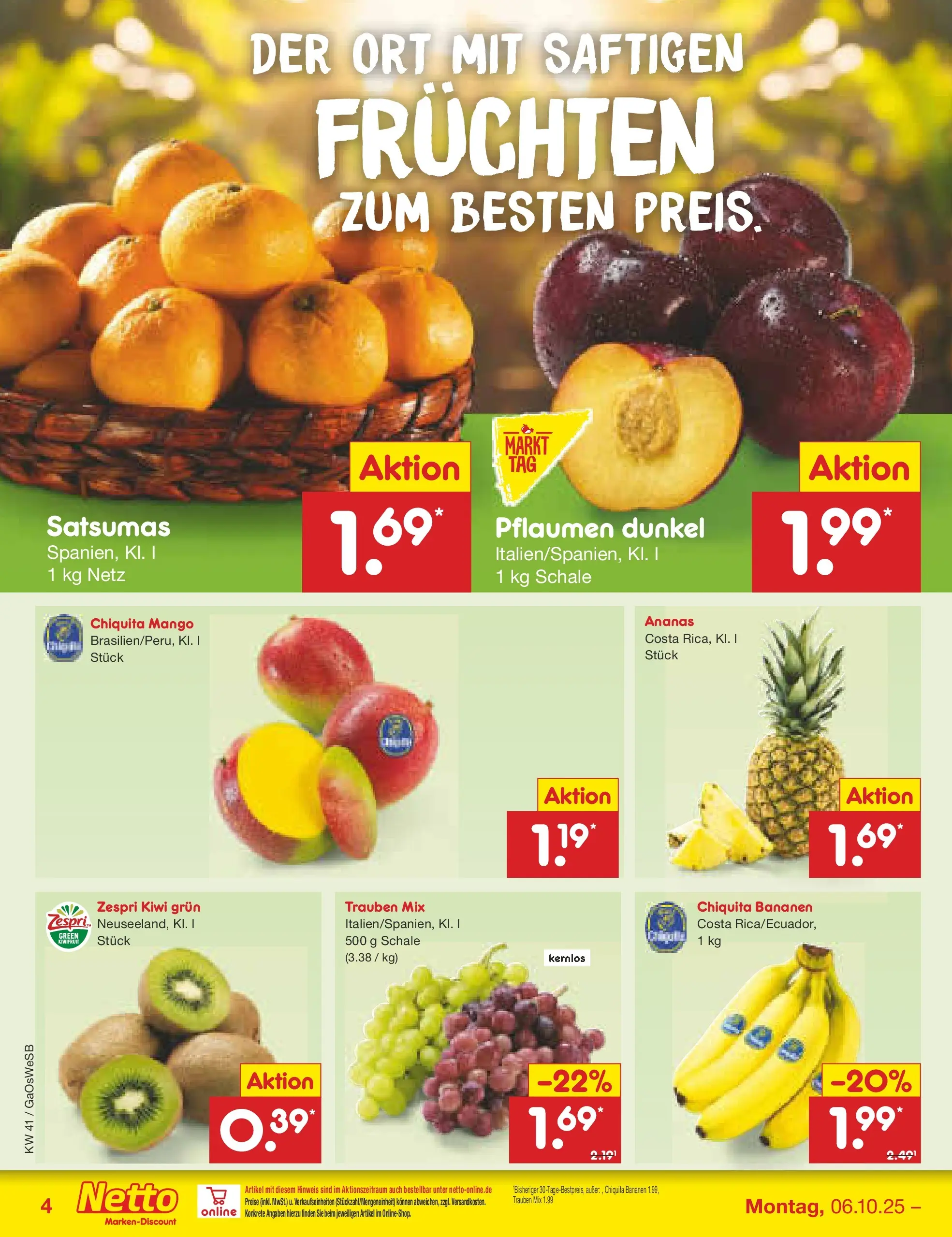 Netto Marken-Discount prospekt Bremen-Lesum	 (ab 06.10.2025) » Angebote | Seite: 4 | Produkte: Trauben, Bananen, Ananas, Mango