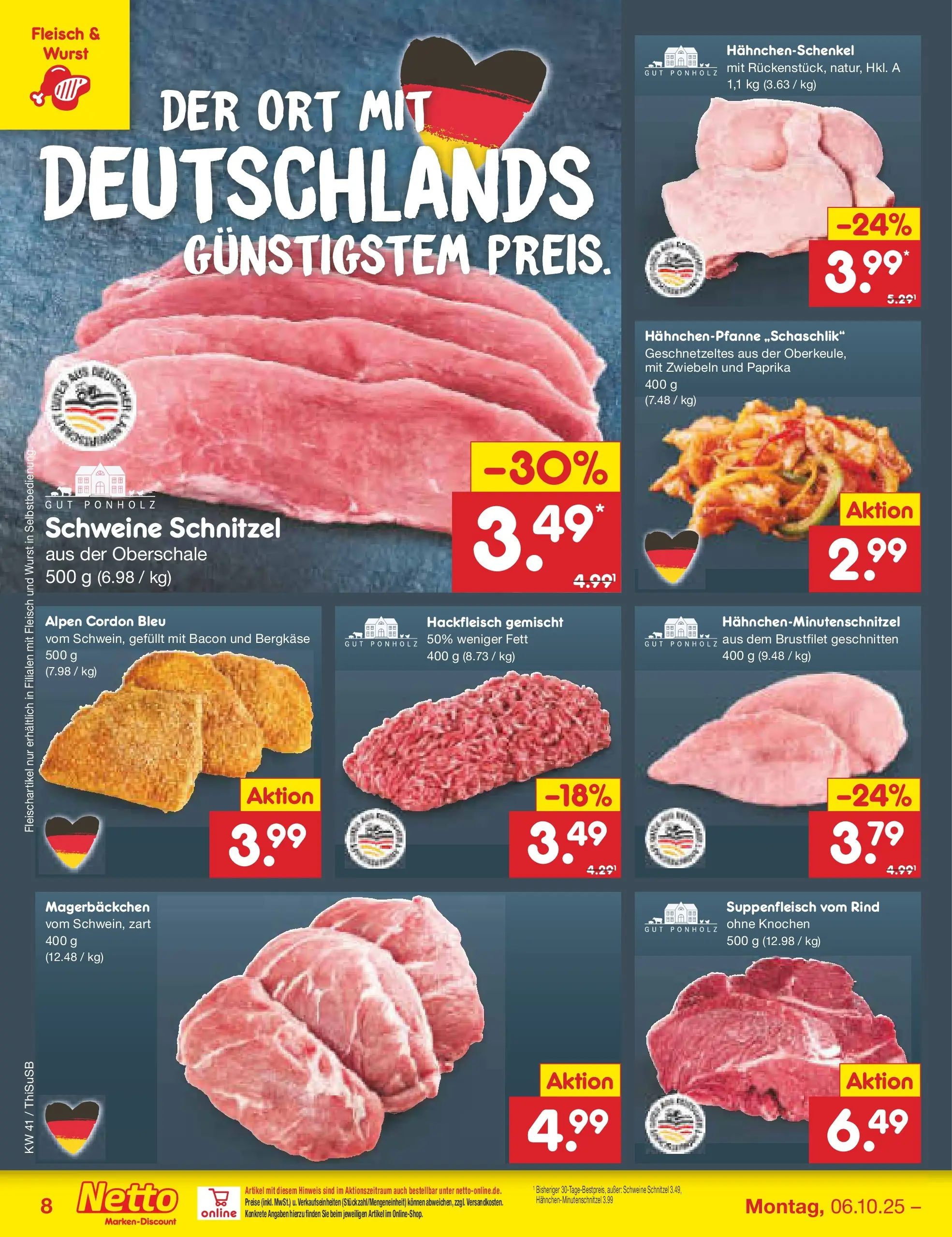 Netto Marken-Discount prospekt Pirna	 (ab 06.10.2025) » Angebote | Seite: 10 | Produkte: Hahnchenschenkel, Wurst, Schweinerucken, Fleisch