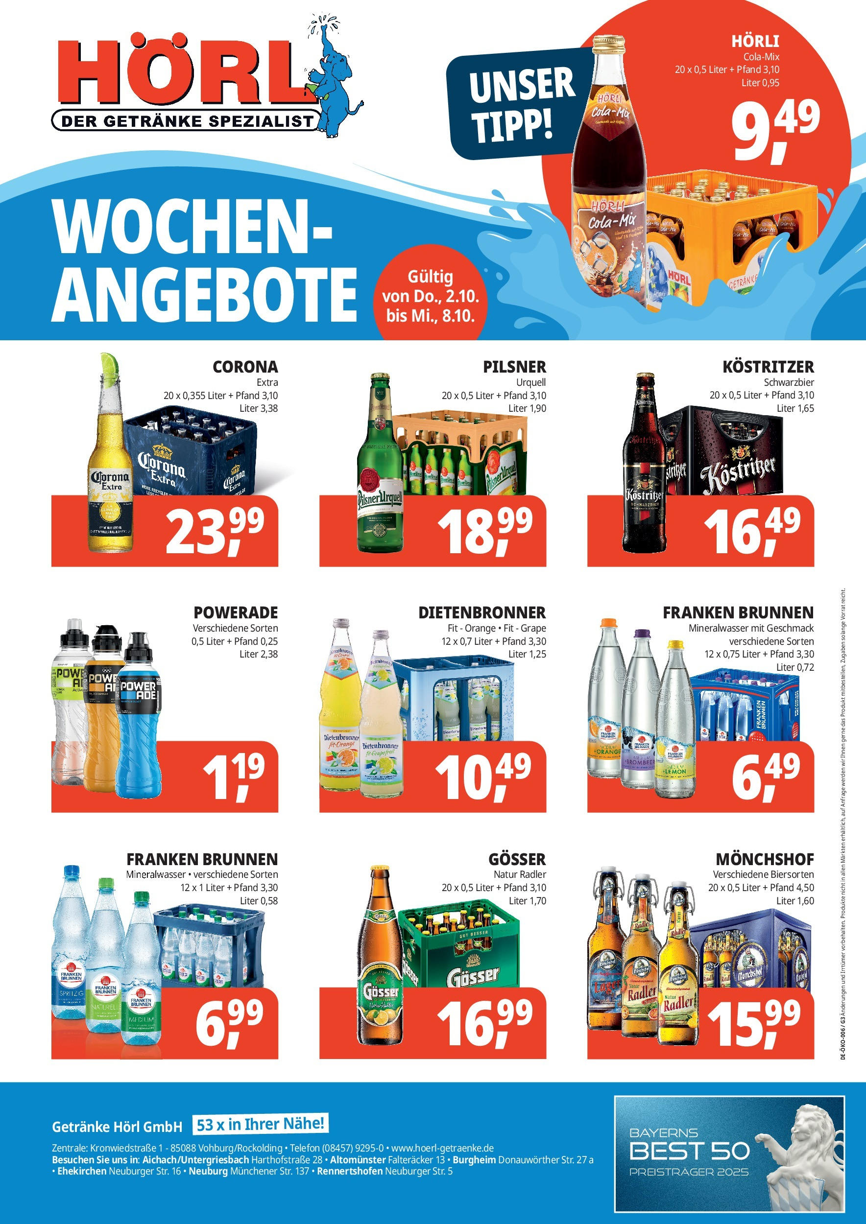 Entdecke - Getränke Hörl: Wochen-Angebote! (ab 01.10.2025) zum Blättern | Seite: 1 | Produkte: Monchshof, Mineralwasser, Pilsner urquell, Powerade