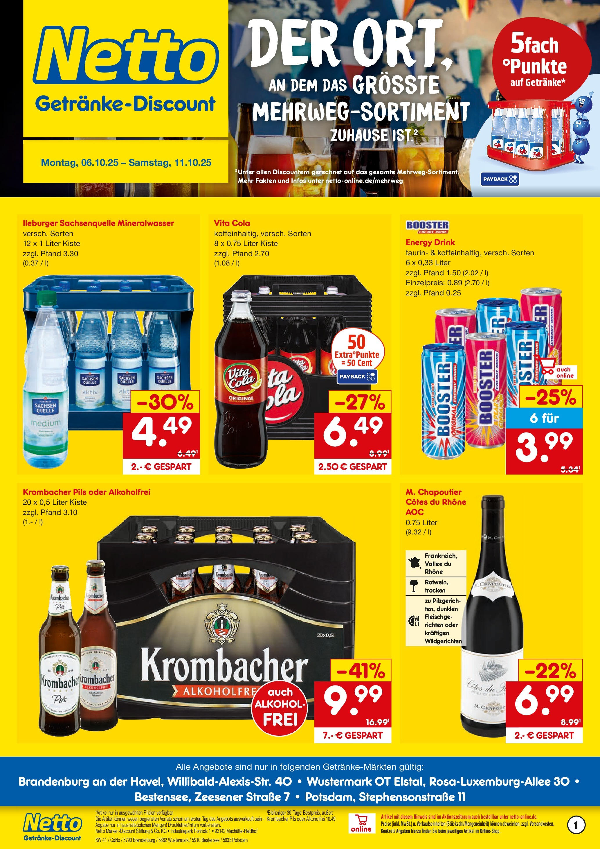 Netto Marken-Discount prospekt Potsdam	 (ab 05.10.2025) » Angebote | Seite: 1 | Produkte: Cola, Energy, Pils, Mineralwasser