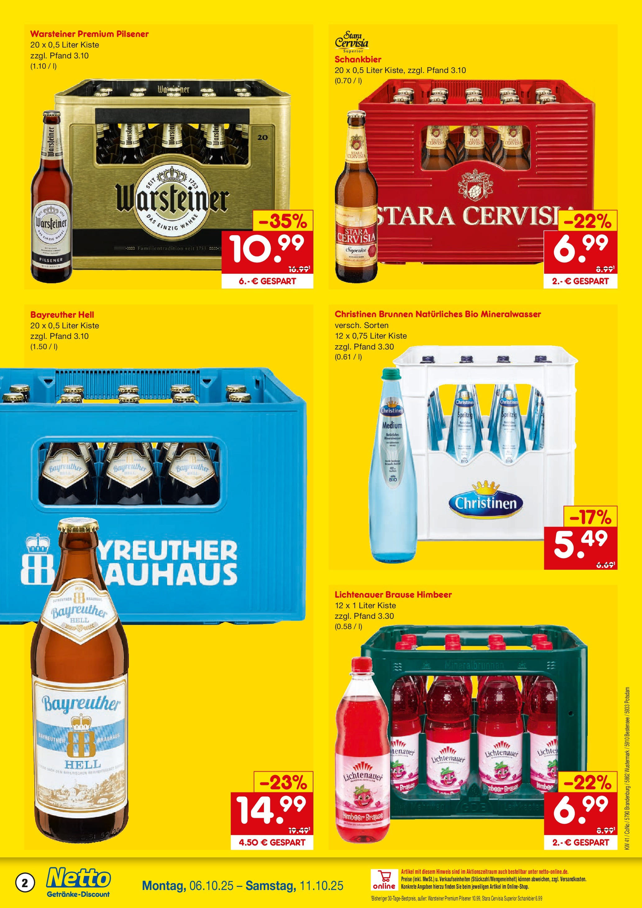 Netto Marken-Discount prospekt Potsdam	 (ab 05.10.2025) » Angebote | Seite: 2 | Produkte: Bayreuther hell, Mineralwasser, Warsteiner