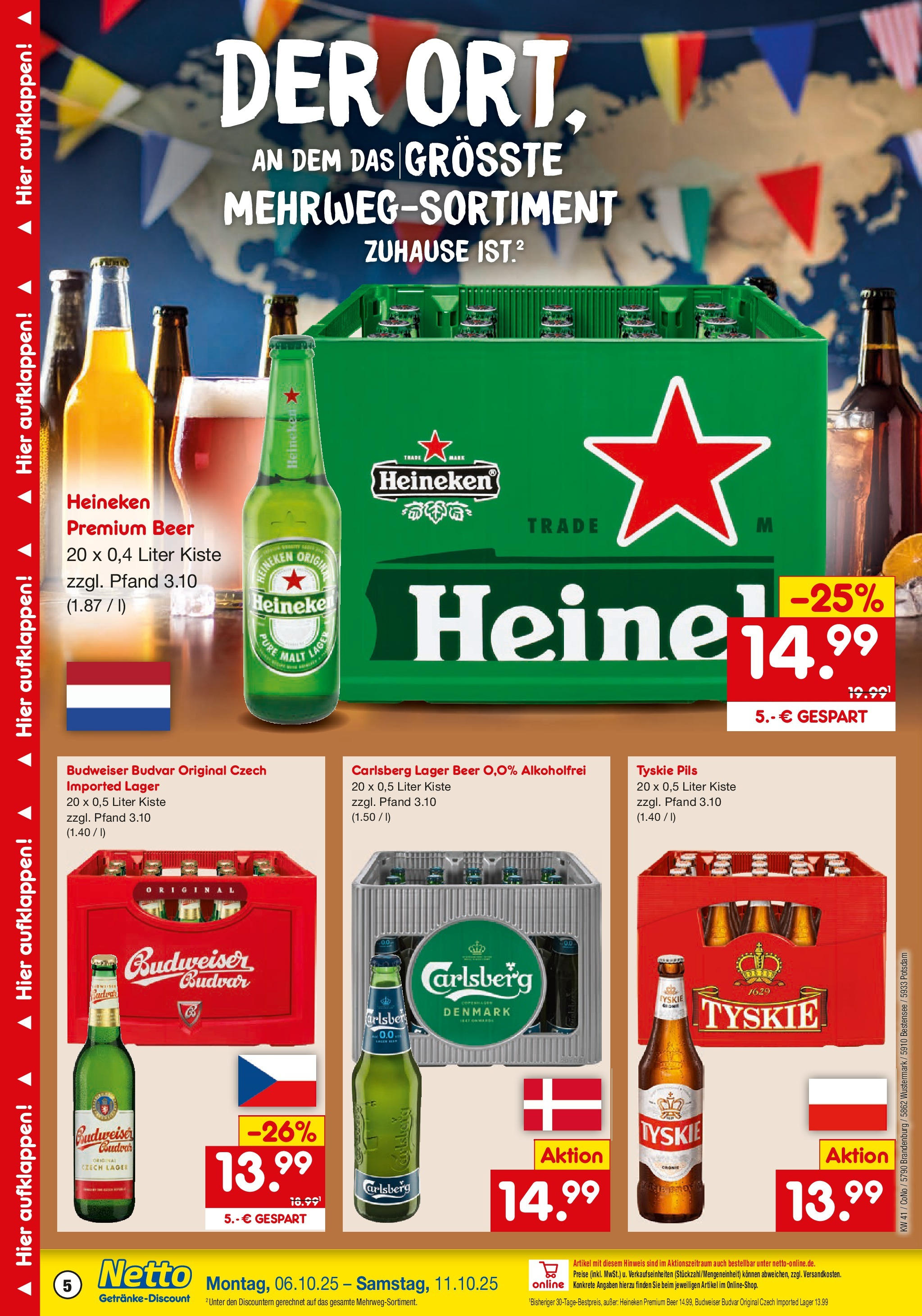 Netto Marken-Discount prospekt Potsdam	 (ab 05.10.2025) » Angebote | Seite: 5 | Produkte: Tyskie, Carlsberg, Pils, Budweiser
