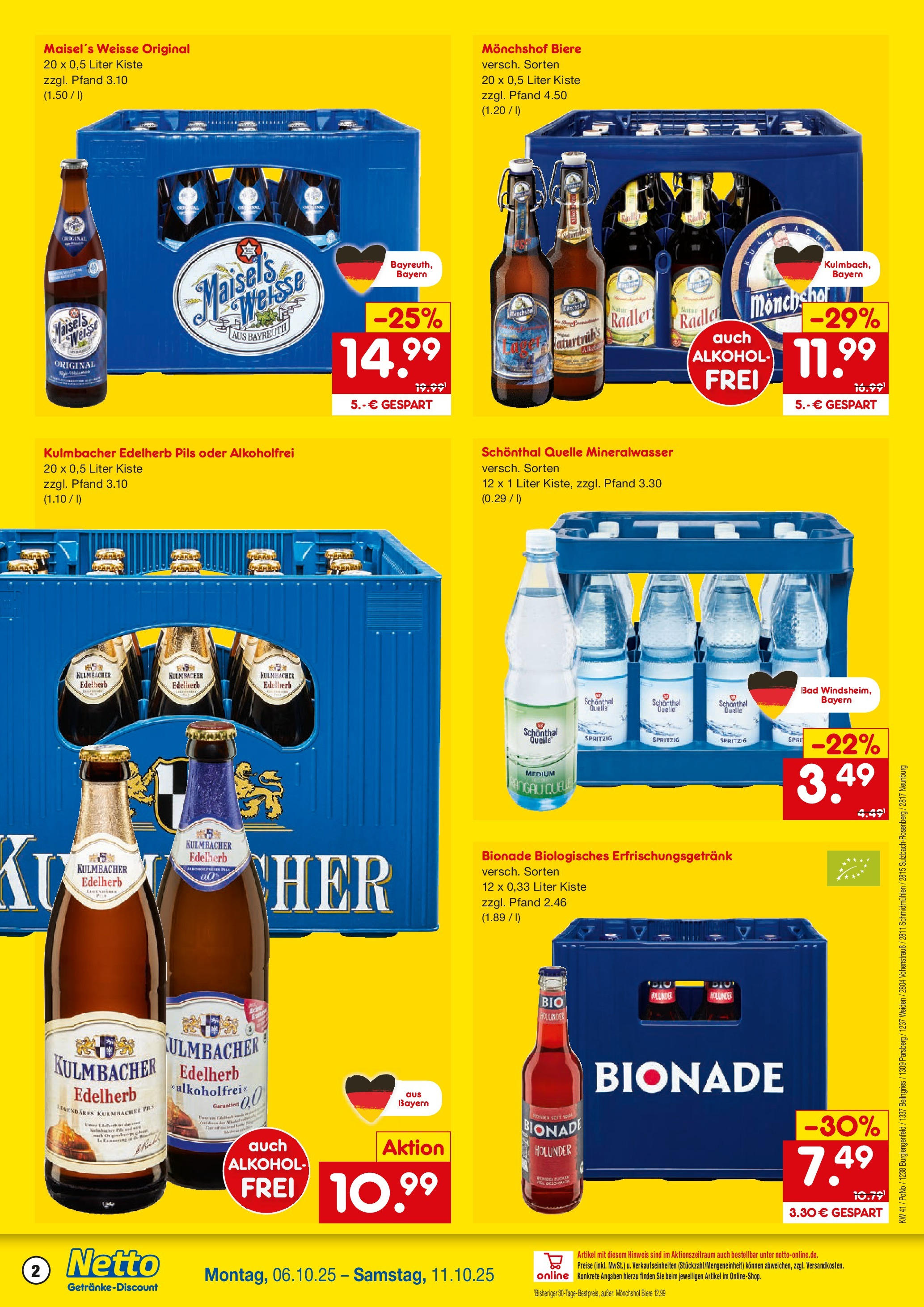 Netto Marken-Discount prospekt Parsberg	 (ab 05.10.2025) » Angebote | Seite: 2 | Produkte: Monchshof, Pils, Mineralwasser, Radler