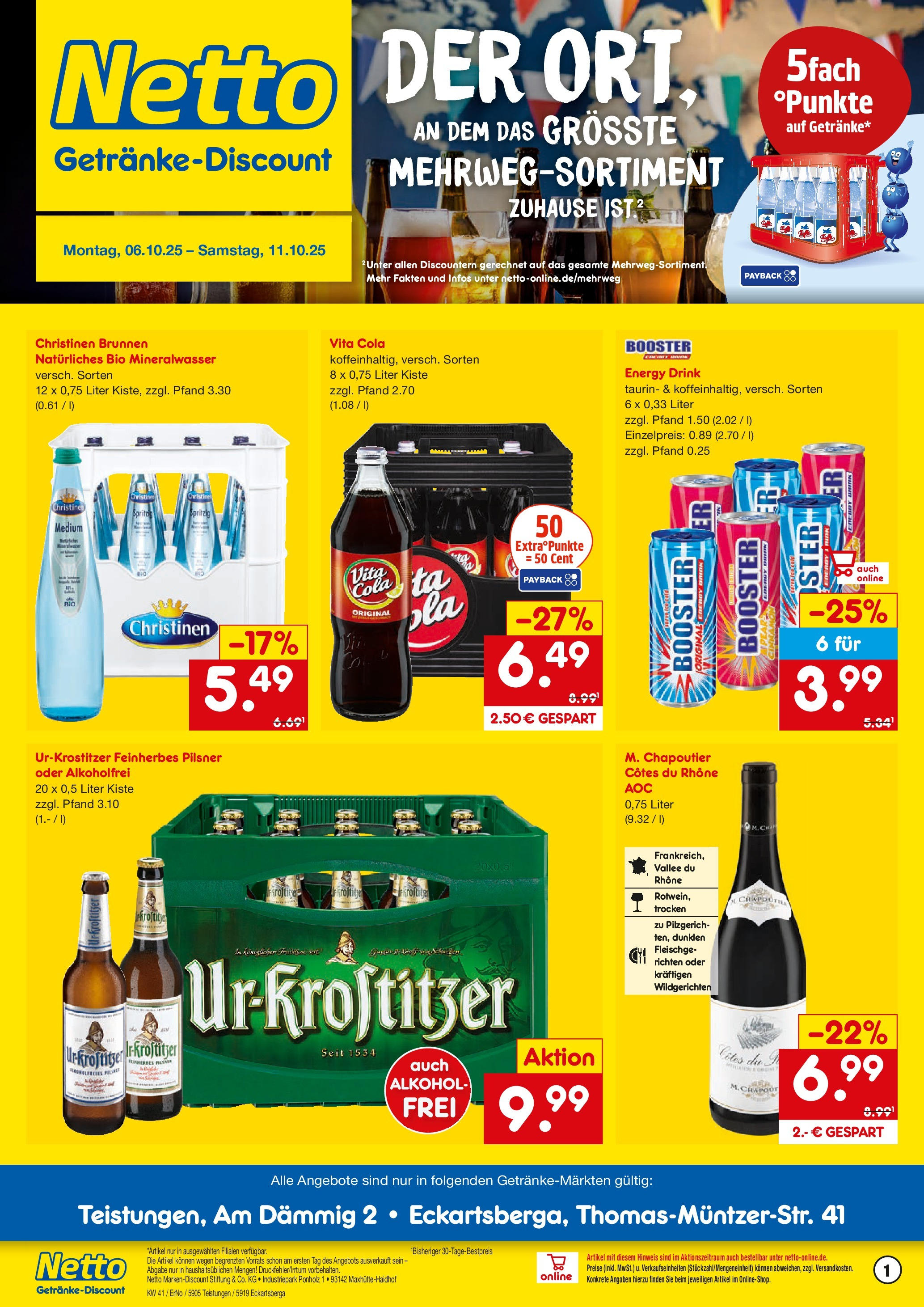 Netto Marken-Discount prospekt Eckartsberga	 (ab 05.10.2025) » Angebote | Seite: 1 | Produkte: Cola, Energy, Mineralwasser, Vita cola