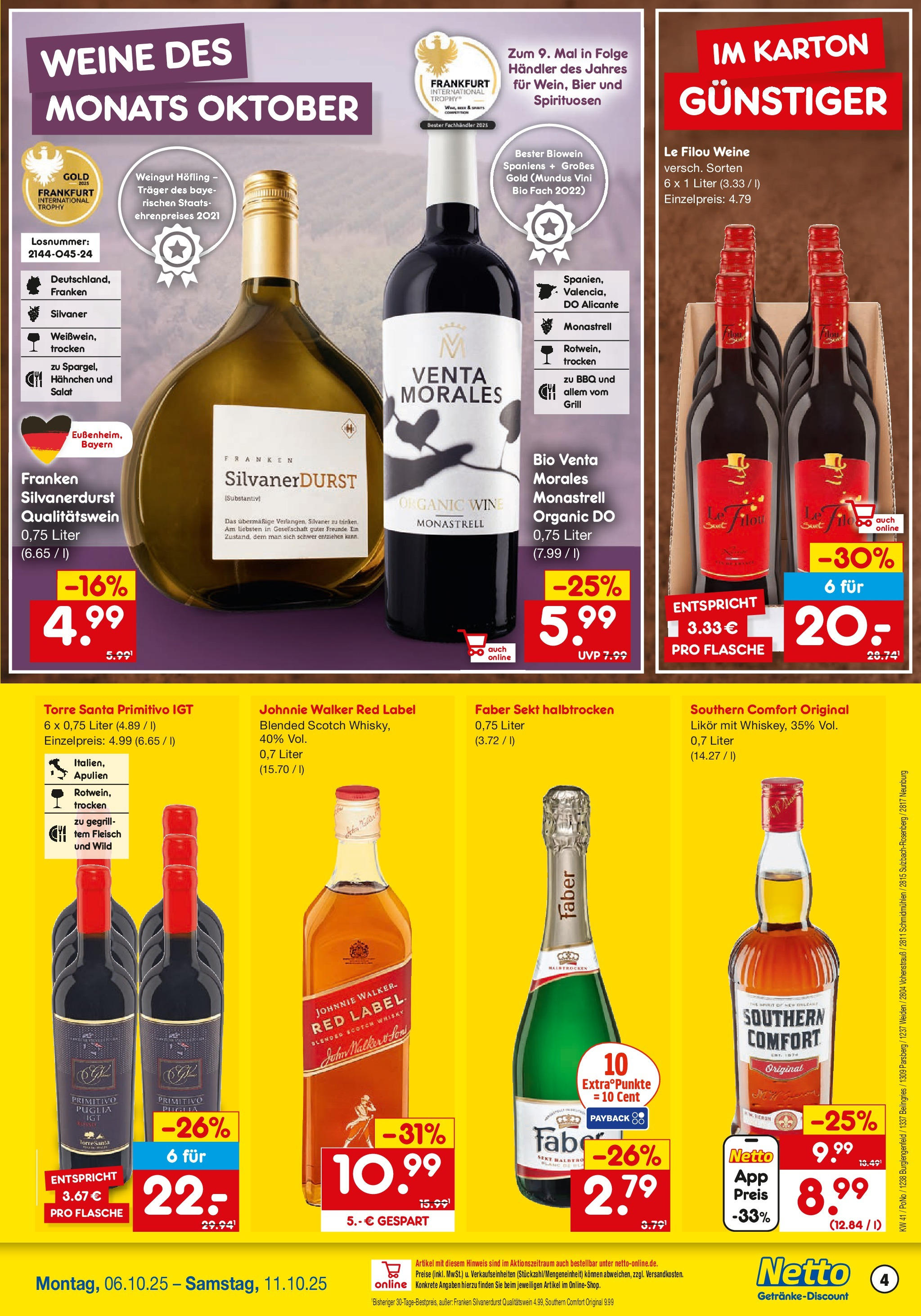 Netto Marken-Discount prospekt Parsberg	 (ab 05.10.2025) » Angebote | Seite: 4 | Produkte: Whisky, Le filou, Southern comfort, Salat