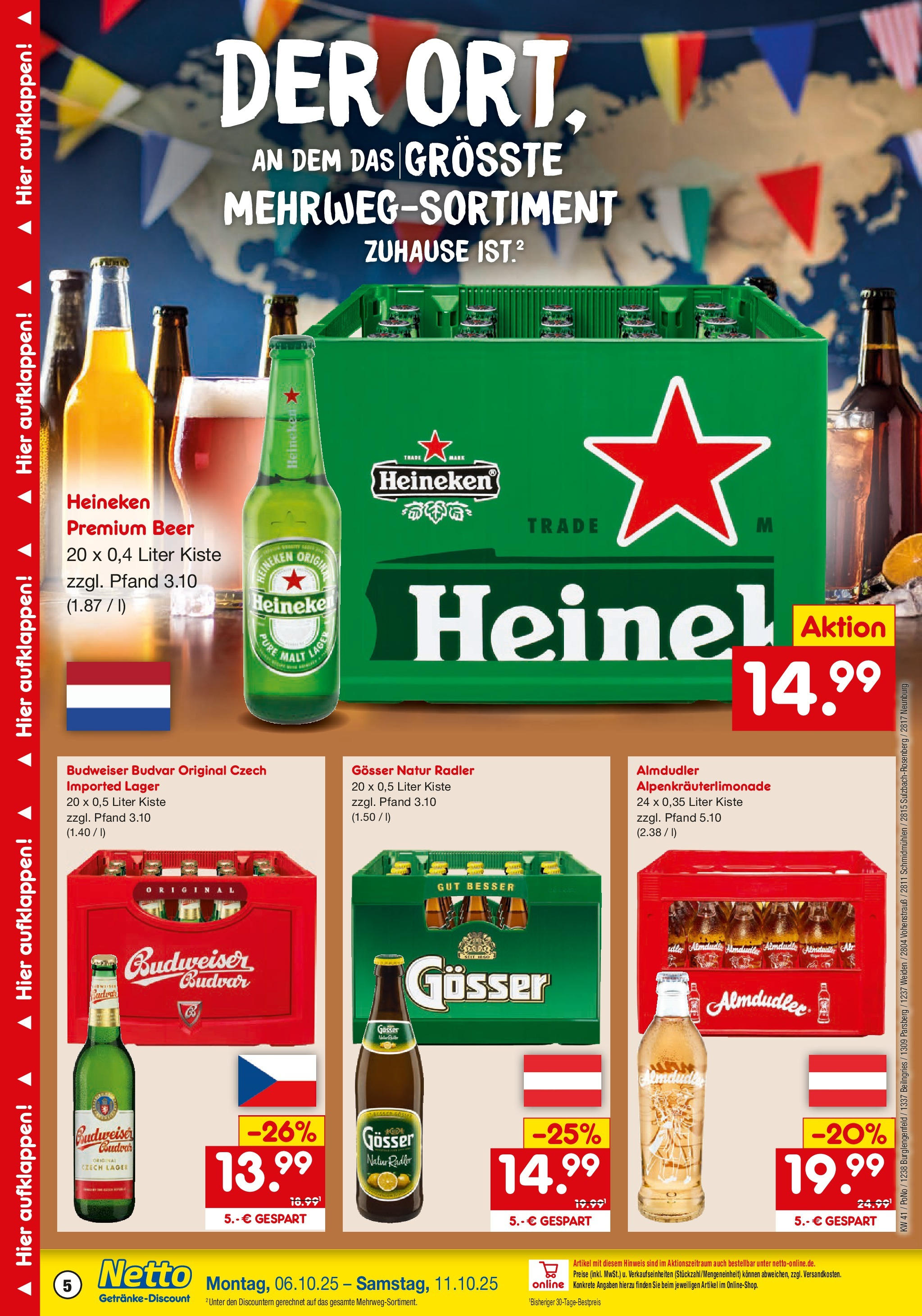 Netto Marken-Discount prospekt Parsberg	 (ab 05.10.2025) » Angebote | Seite: 5 | Produkte: Heineken, Radler, Budweiser