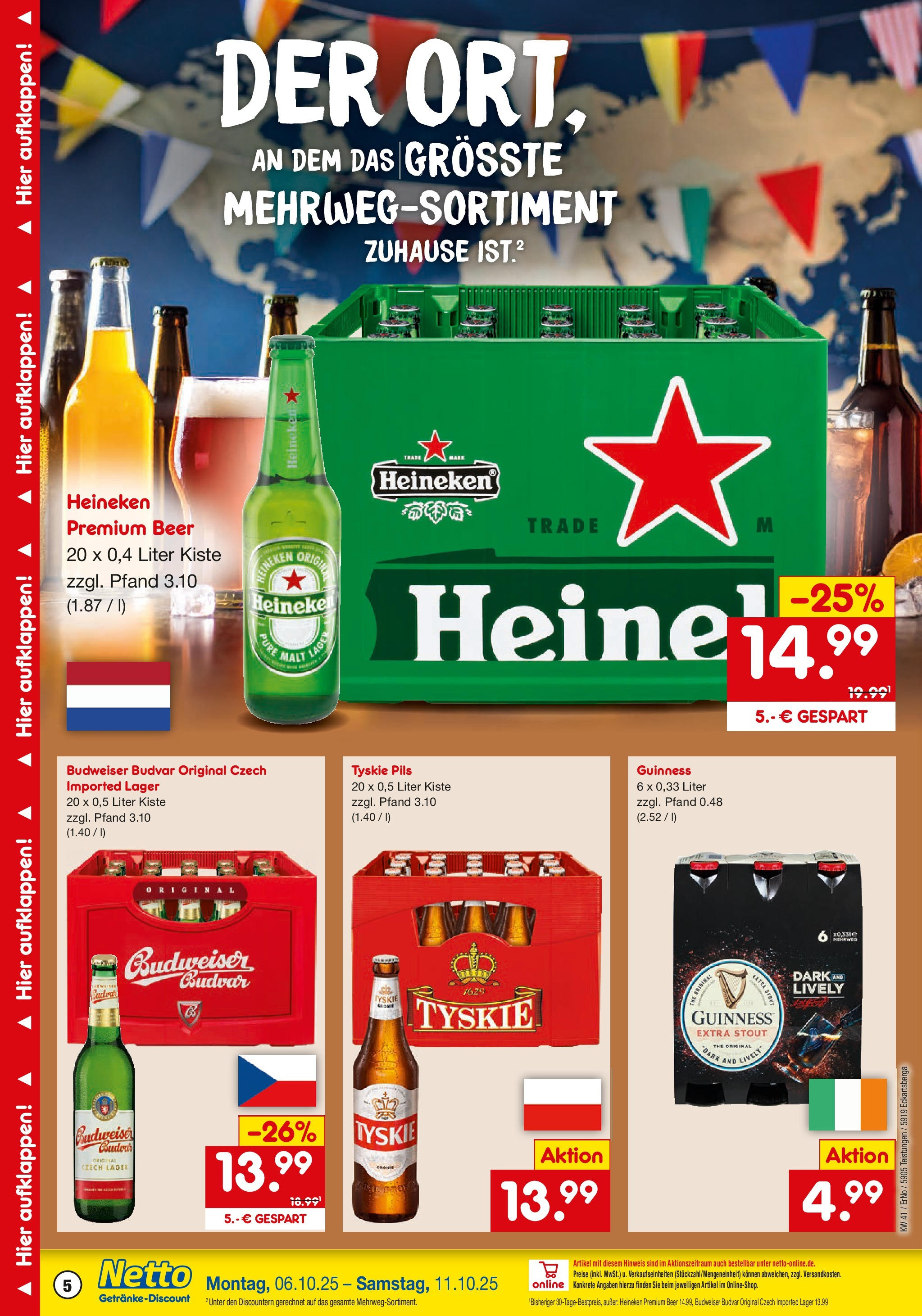 Netto Marken-Discount prospekt Eckartsberga	 (ab 05.10.2025) » Angebote | Seite: 5 | Produkte: Tyskie, Pils, Heineken, Budweiser