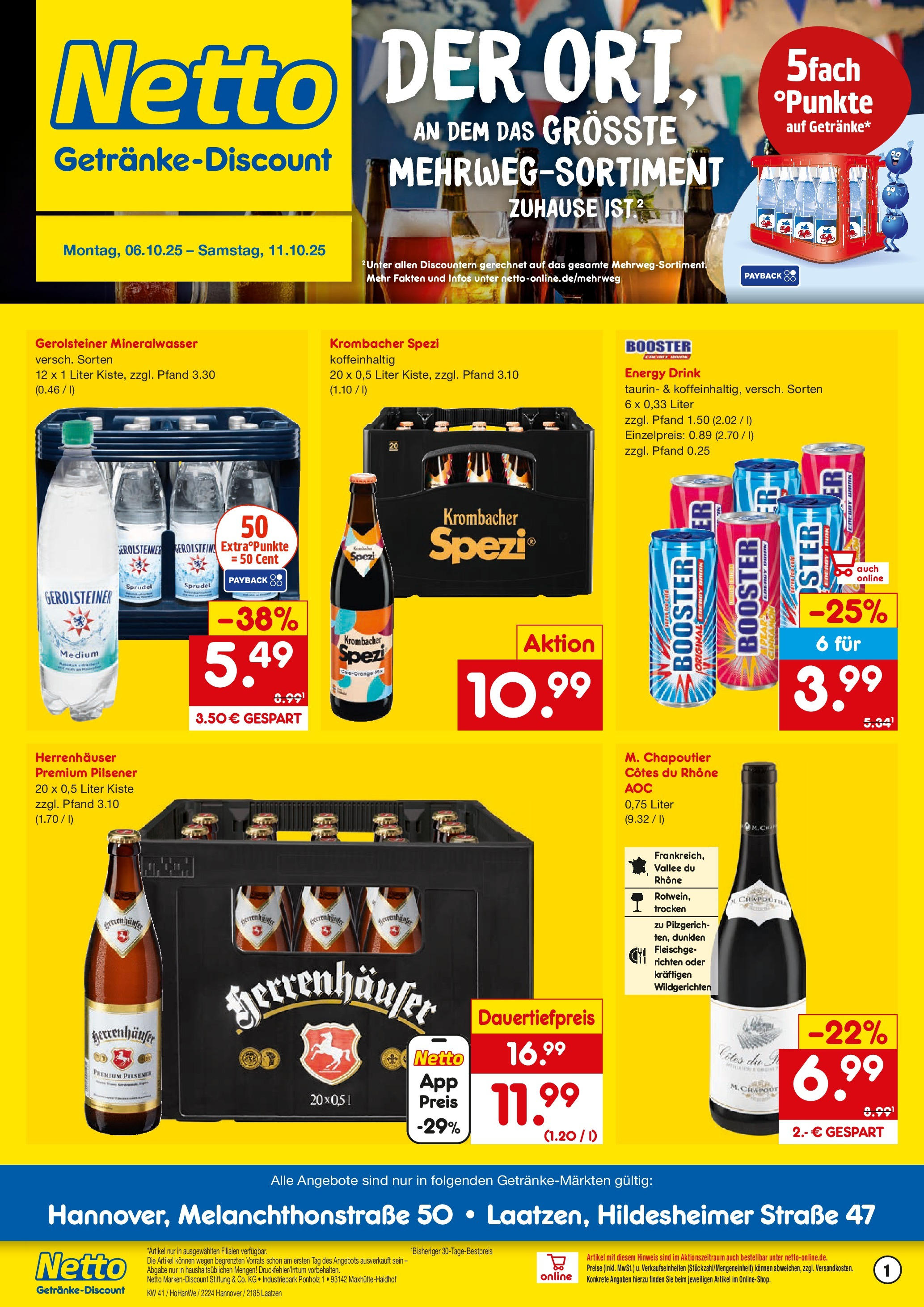 Netto Marken-Discount prospekt Hannover	 (ab 05.10.2025) » Angebote | Seite: 1 | Produkte: Energy, Mineralwasser, Krombacher, Gerolsteiner