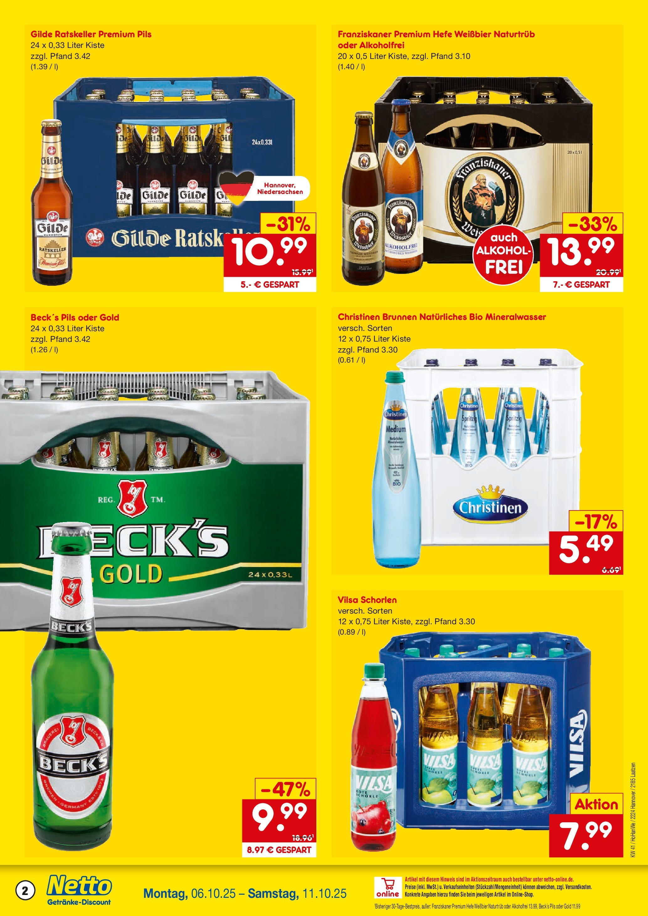 Netto Marken-Discount prospekt Hannover	 (ab 05.10.2025) » Angebote | Seite: 2 | Produkte: Franziskaner, Weißbier, Mineralwasser, Hefe weissbier