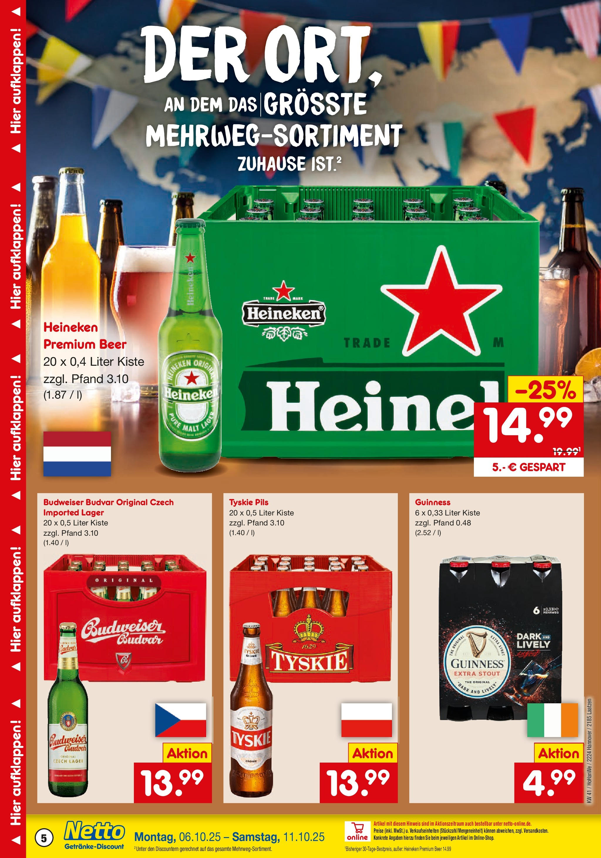 Netto Marken-Discount prospekt Hannover	 (ab 05.10.2025) » Angebote | Seite: 5 | Produkte: Tyskie, Pils, Heineken, Budweiser