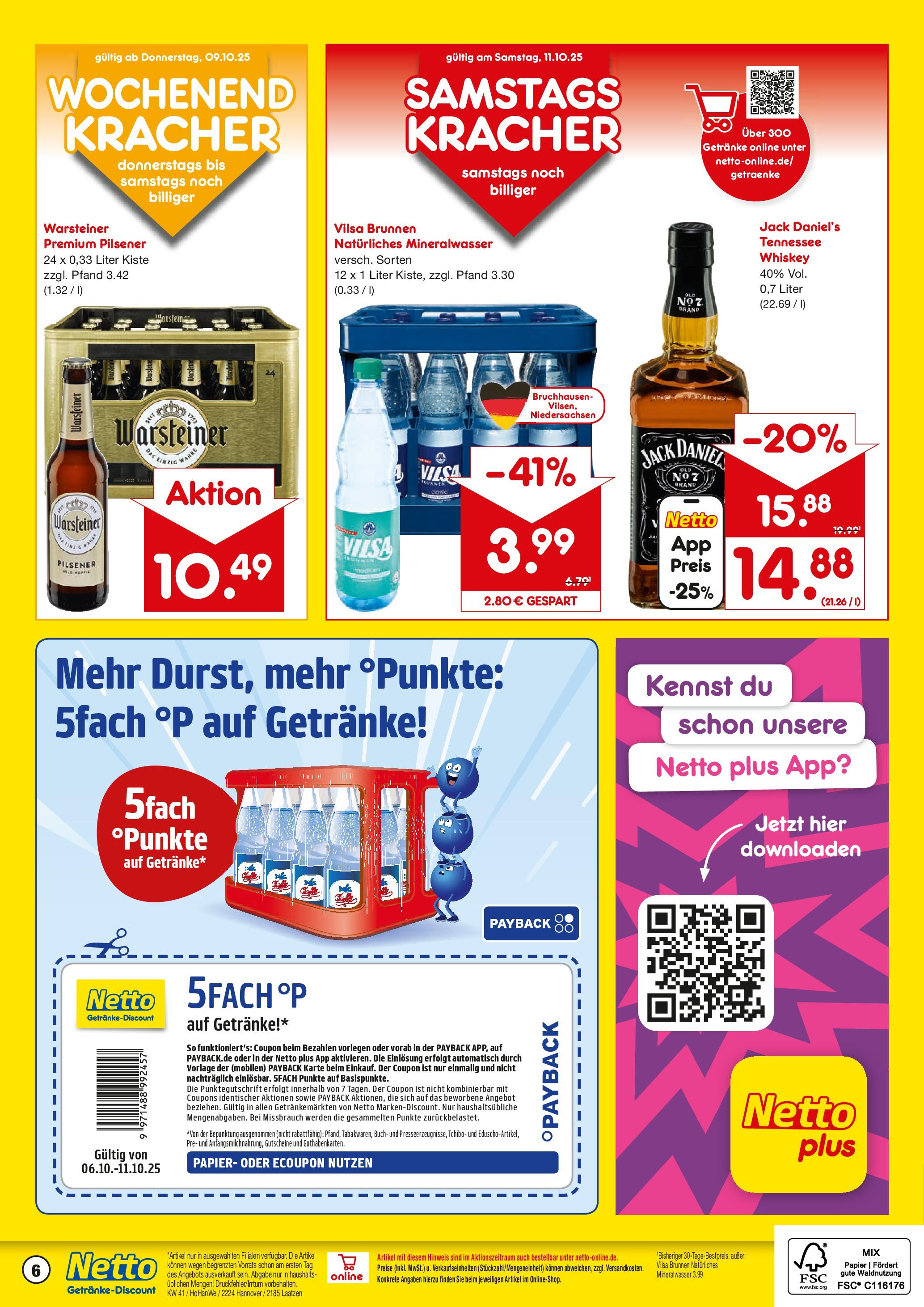 Netto Marken-Discount prospekt Hannover	 (ab 05.10.2025) » Angebote | Seite: 6 | Produkte: Jack Daniel's, Mineralwasser, Warsteiner, Whiskey