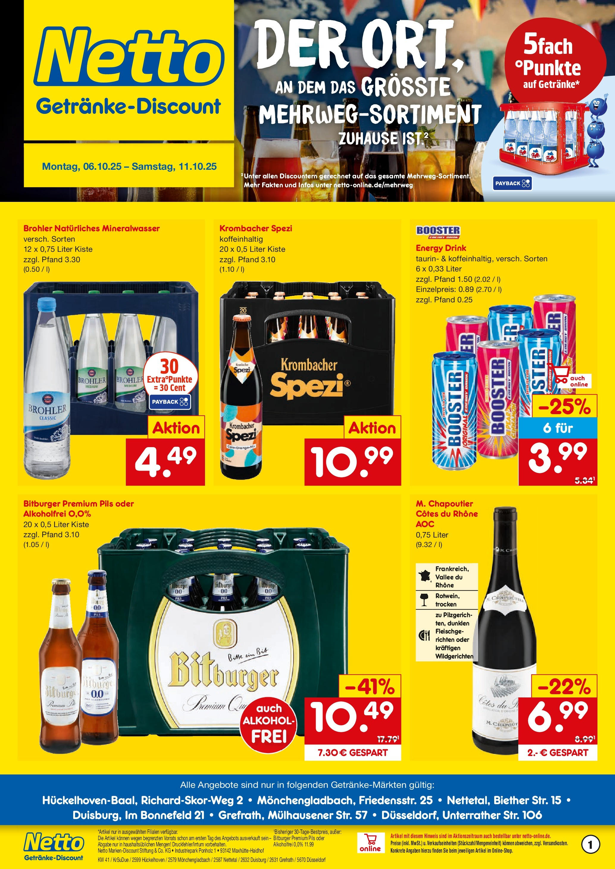 Netto Marken-Discount prospekt Nettetal	 (ab 05.10.2025) » Angebote | Seite: 1 | Produkte: Bitburger, Energy, Mineralwasser, Krombacher