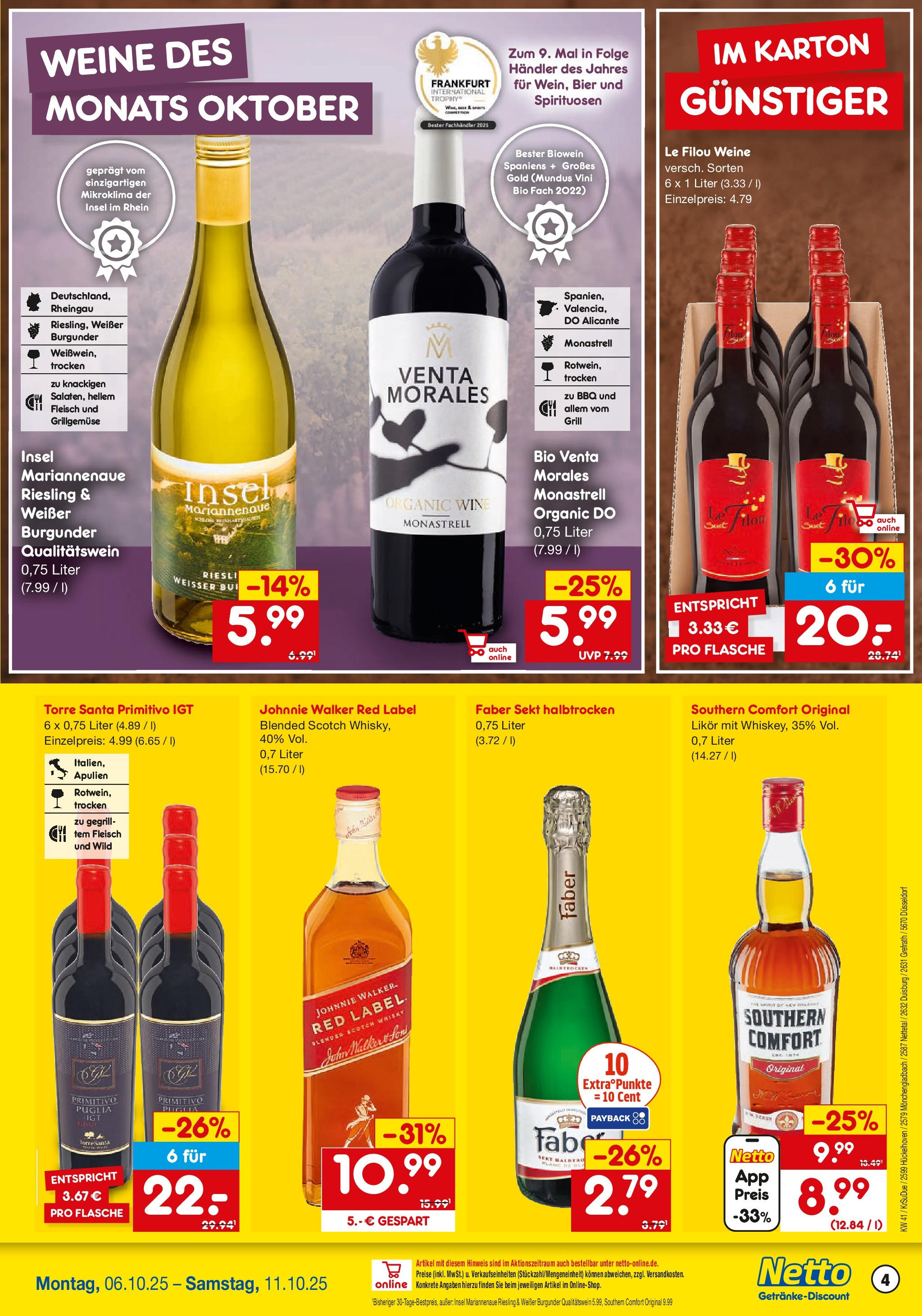 Netto Marken-Discount prospekt Nettetal	 (ab 05.10.2025) » Angebote | Seite: 4 | Produkte: Sekt, Likör, Southern comfort, Fleisch