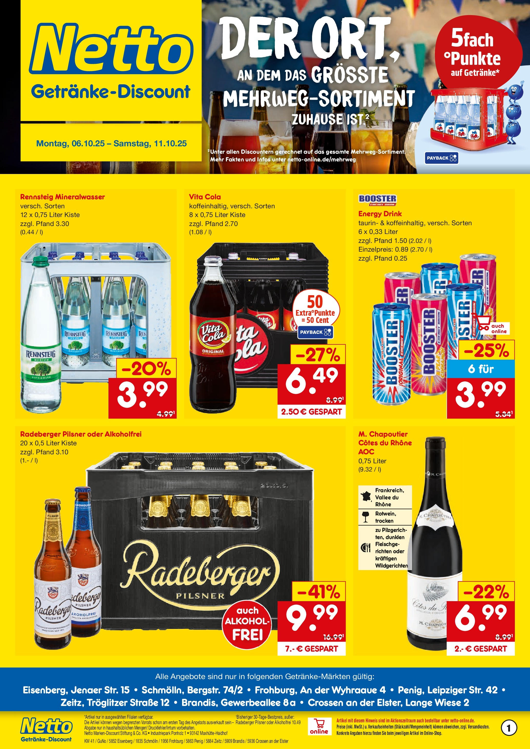 Netto Marken-Discount prospekt Brandis	 (ab 05.10.2025) » Angebote | Seite: 1 | Produkte: Energy, Mineralwasser, Vita cola, Radeberger pilsner