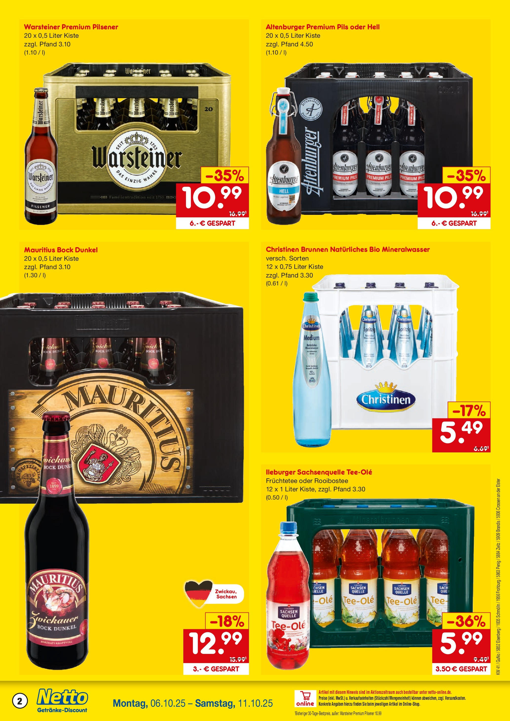 Netto Marken-Discount prospekt Brandis	 (ab 05.10.2025) » Angebote | Seite: 2 | Produkte: Pils, Mineralwasser, Warsteiner, Tee