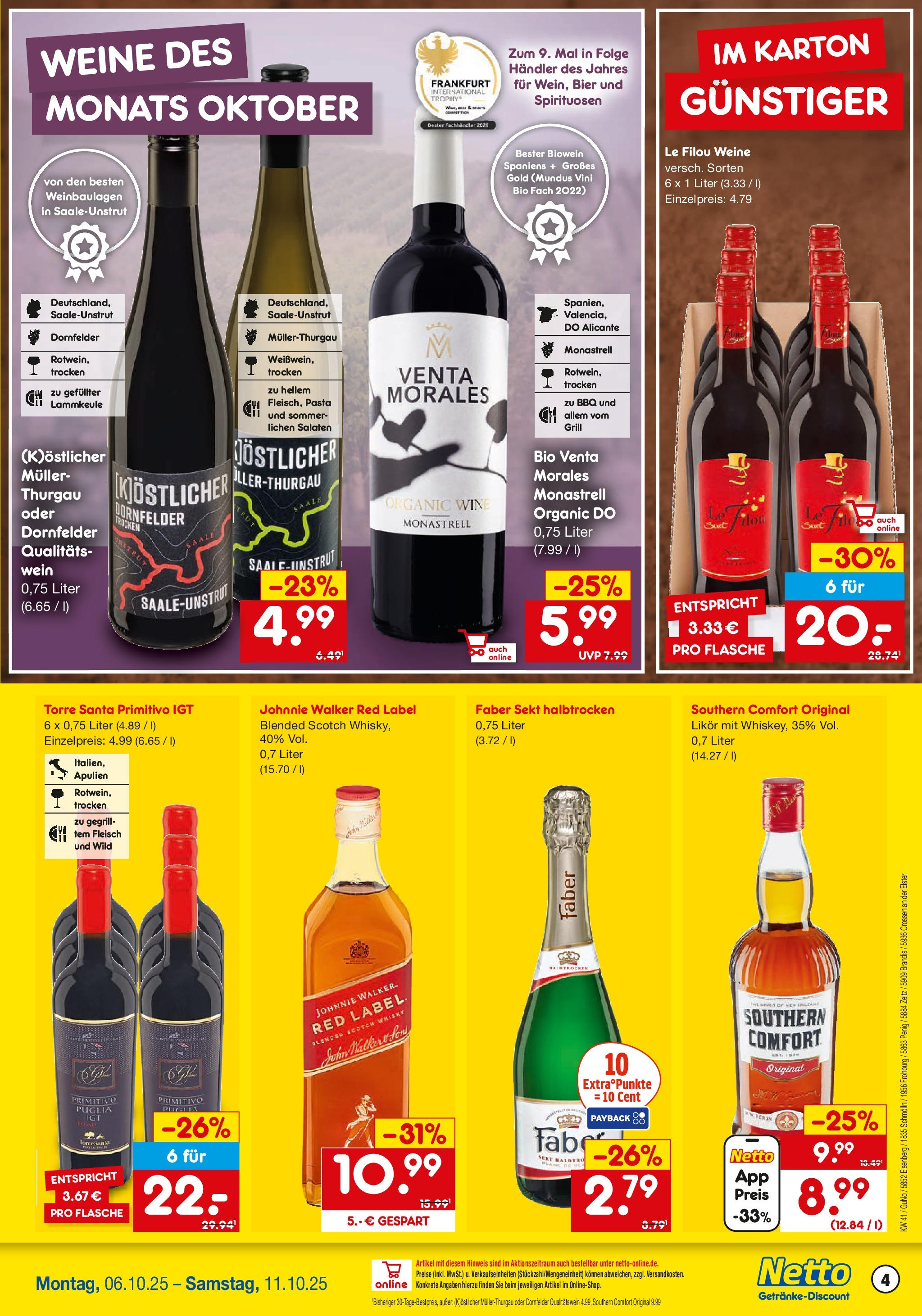 Netto Marken-Discount prospekt Brandis	 (ab 05.10.2025) » Angebote | Seite: 4 | Produkte: Bier, Sekt, Likör, Pasta