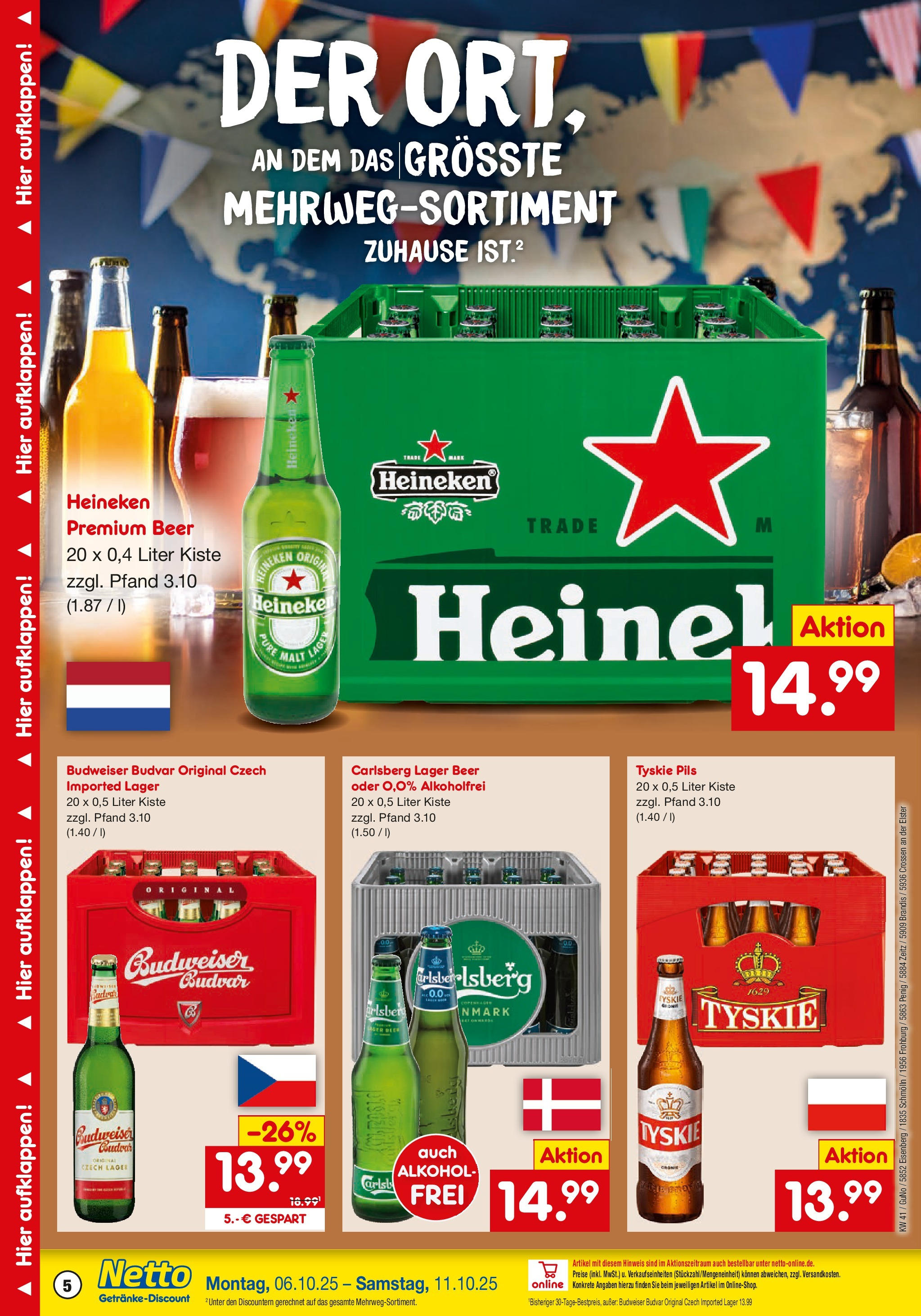 Netto Marken-Discount prospekt Brandis	 (ab 05.10.2025) » Angebote | Seite: 5 | Produkte: Tyskie, Carlsberg, Pils, Heineken