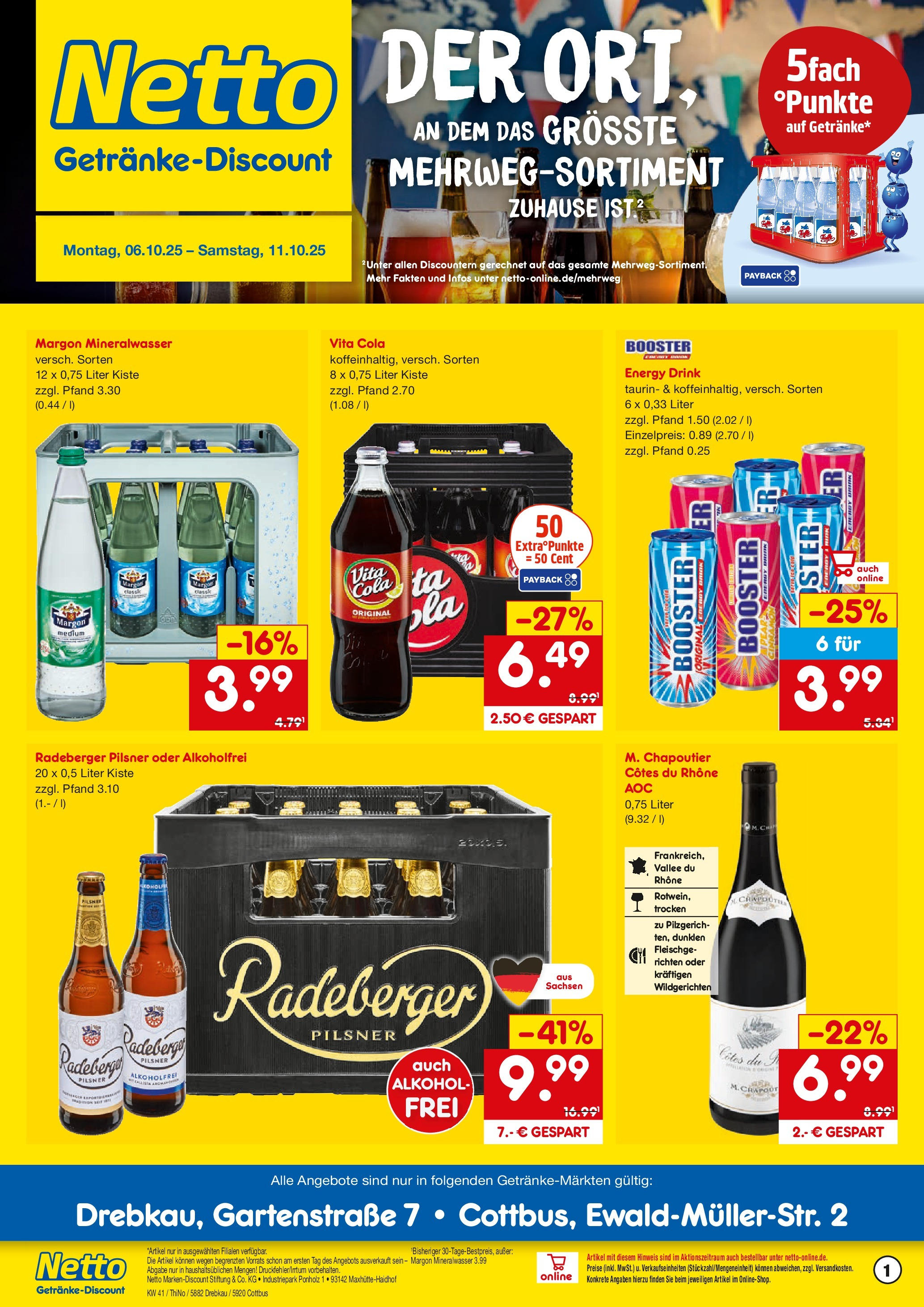 Netto Marken-Discount prospekt Cottbus	 (ab 05.10.2025) » Angebote | Seite: 1 | Produkte: Cola, Energy, Mineralwasser, Radeberger pilsner