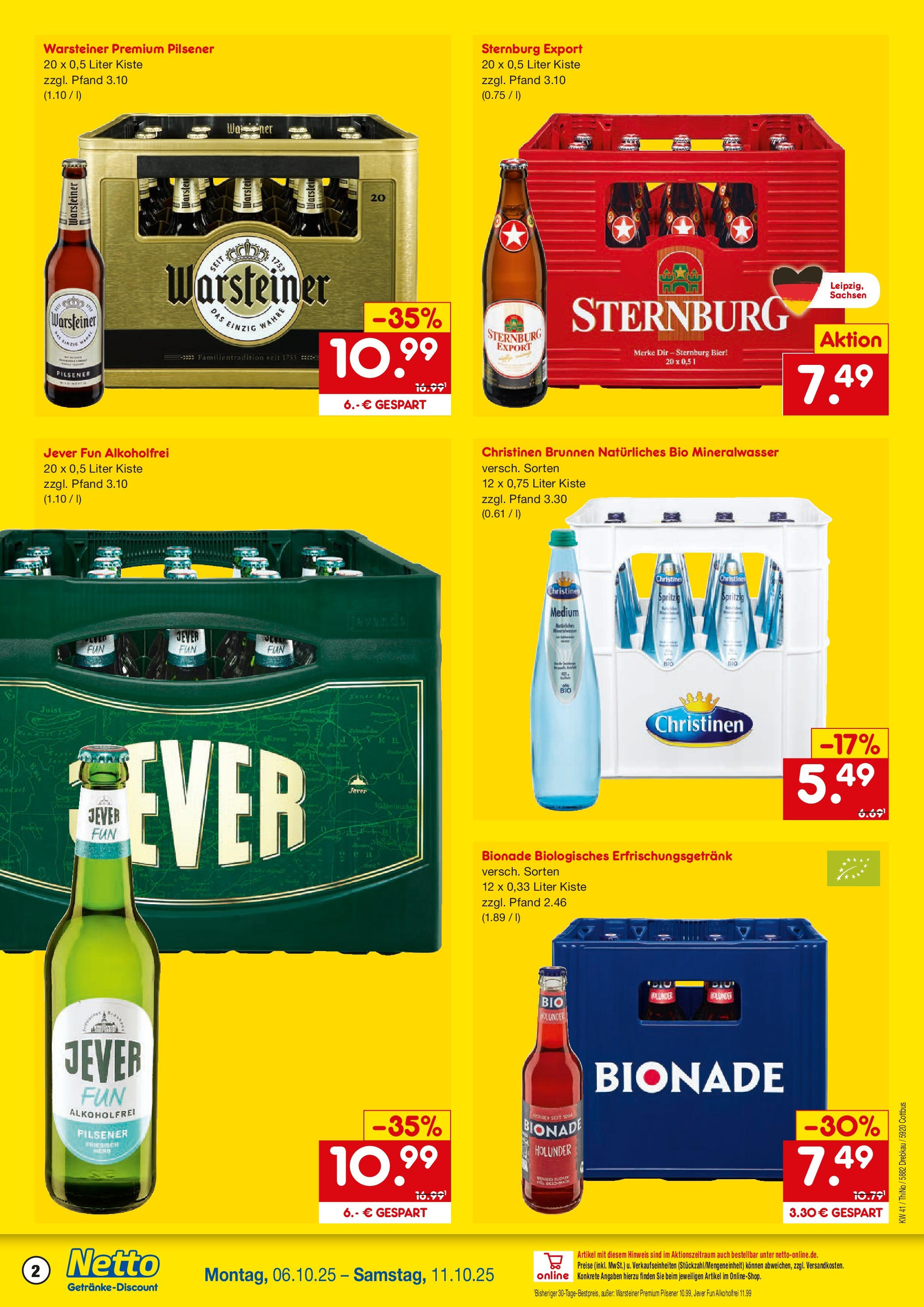 Netto Marken-Discount prospekt Cottbus	 (ab 05.10.2025) » Angebote | Seite: 2 | Produkte: Bier, Bionade, Mineralwasser, Jever