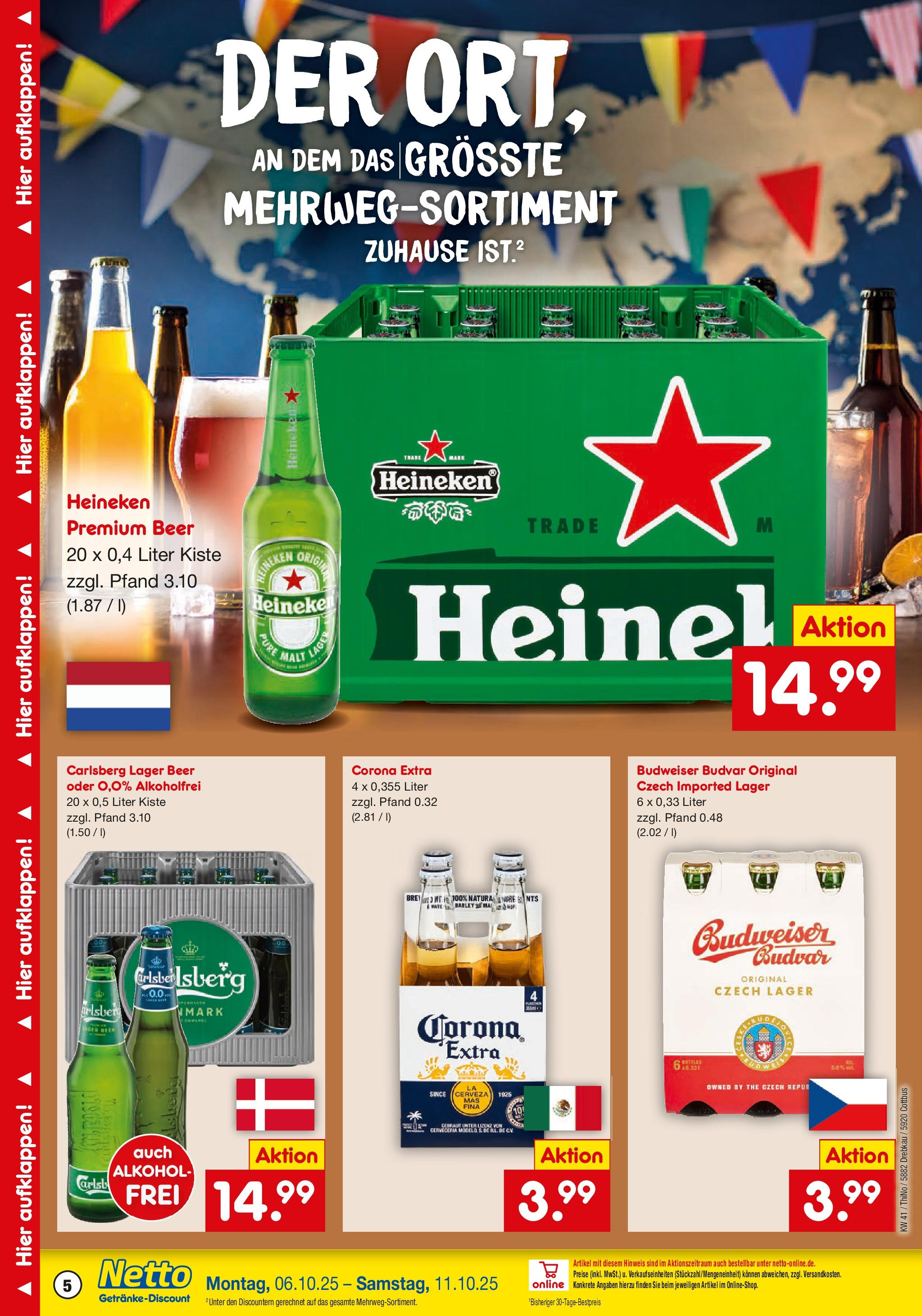 Netto Marken-Discount prospekt Cottbus	 (ab 05.10.2025) » Angebote | Seite: 5 | Produkte: Carlsberg, Heineken, Budweiser