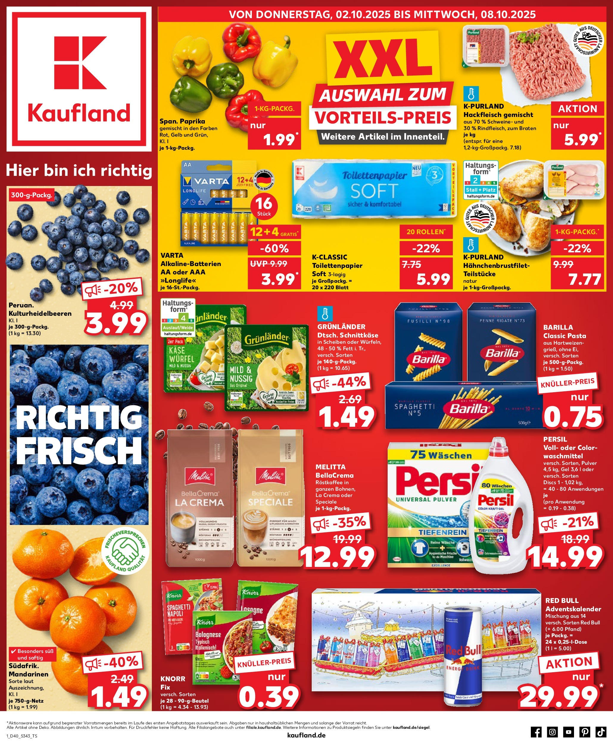 Prospekt Kaufland ab 02.10.2025 » Angebote Online zum Blättern | Seite: 1 | Produkte: Melitta, Käse, Barilla, Toilettenpapier