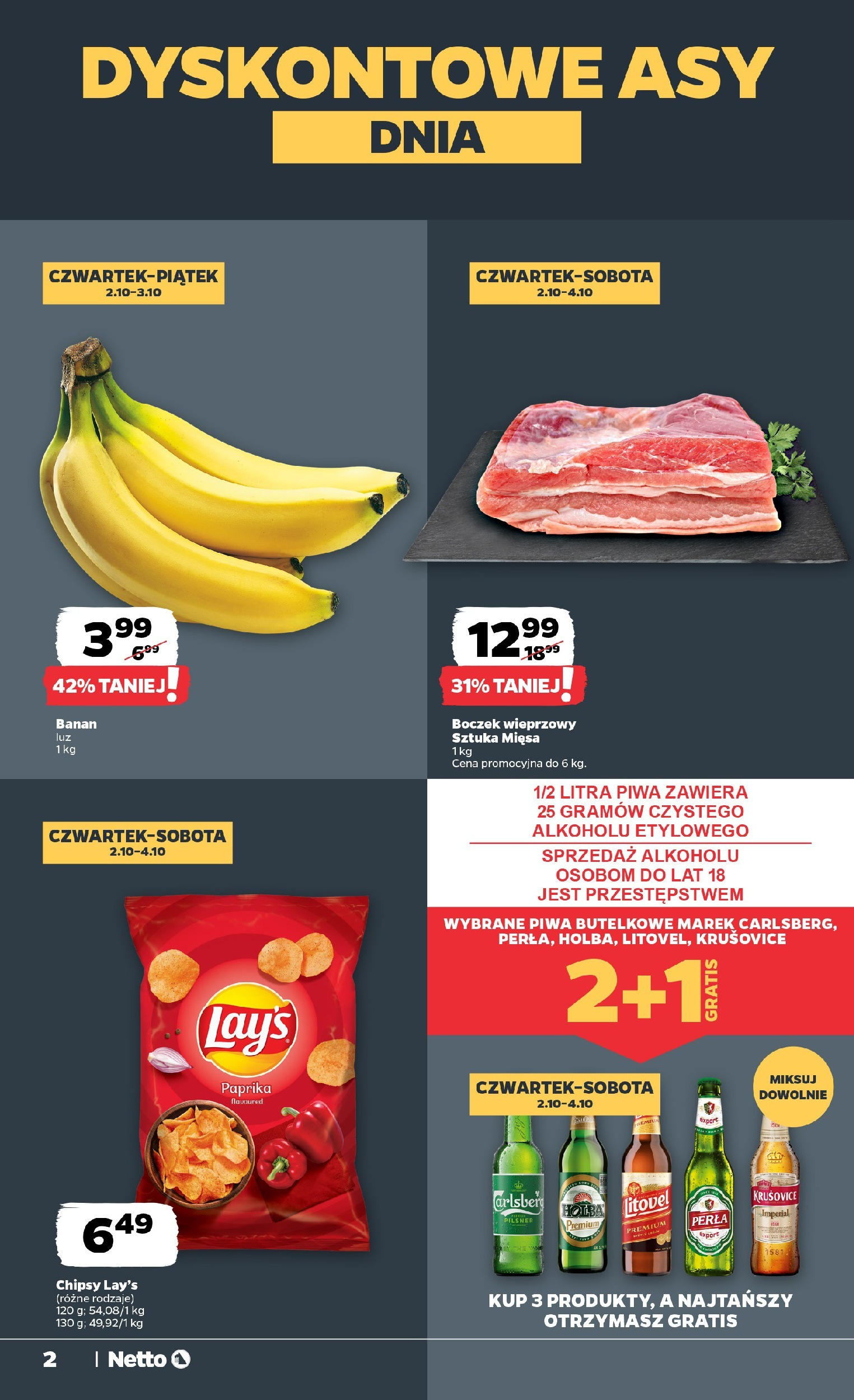 Netto gazetka - Spożywcza od 02.10.2025 - Aktualne promocje | Strona: 2 | Produkty: Chipsy, Boczek wieprzowy, Boczek, Banan