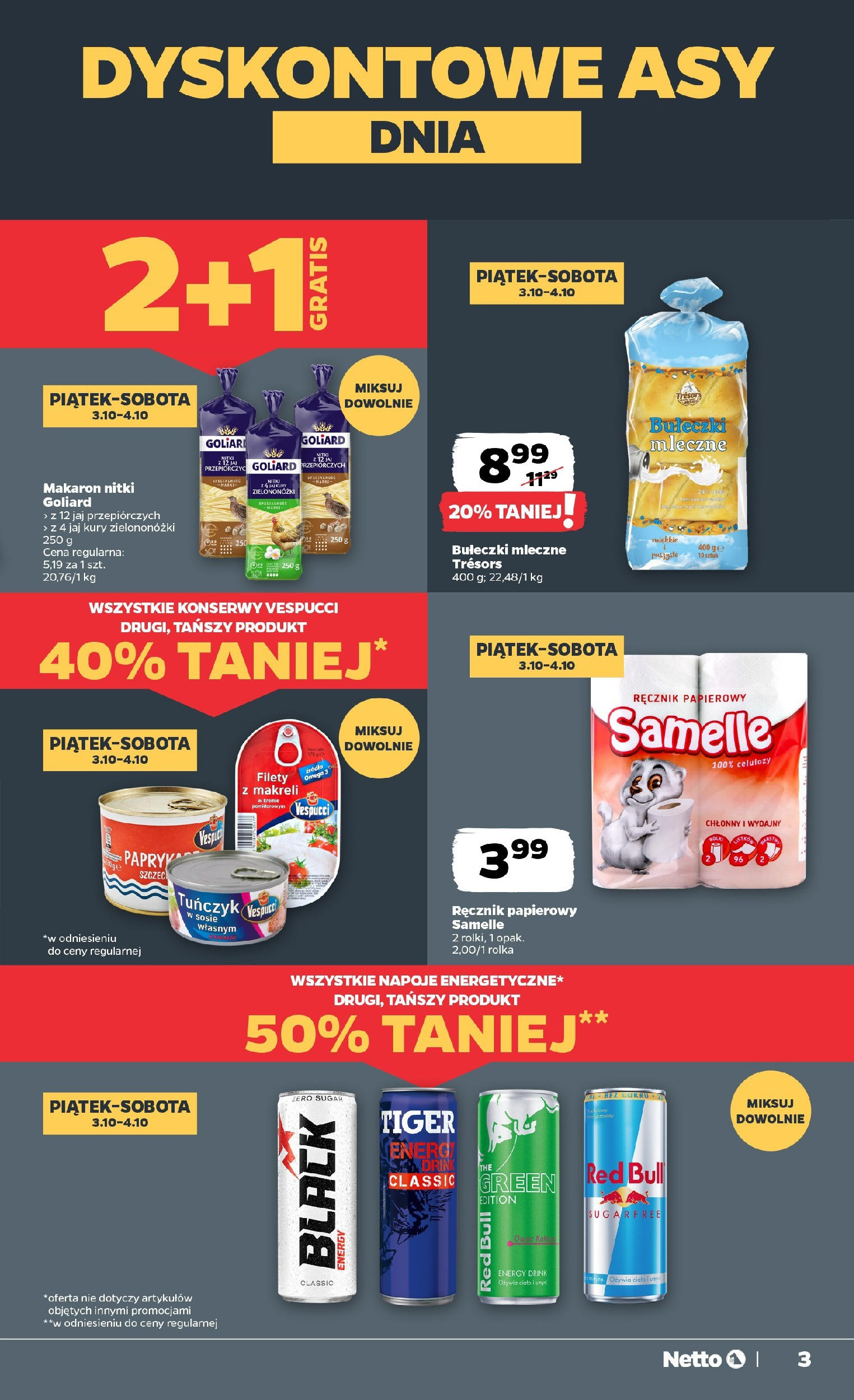 Netto gazetka - Spożywcza od 02.10.2025 - Aktualne promocje | Strona: 3 | Produkty: Red bull, Napoje, Makaron, Ręcznik papierowy