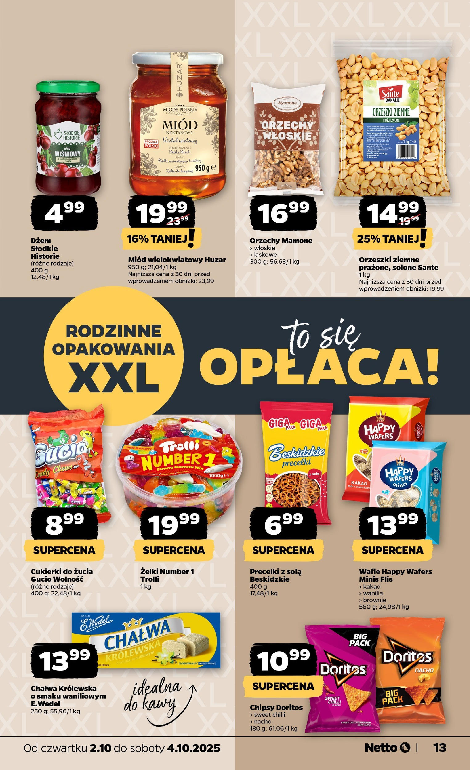 Netto gazetka - Spożywcza od 02.10.2025 - Aktualne promocje | Strona: 13 | Produkty: Wafle, Doritos, Dżem, Orzeszki ziemne