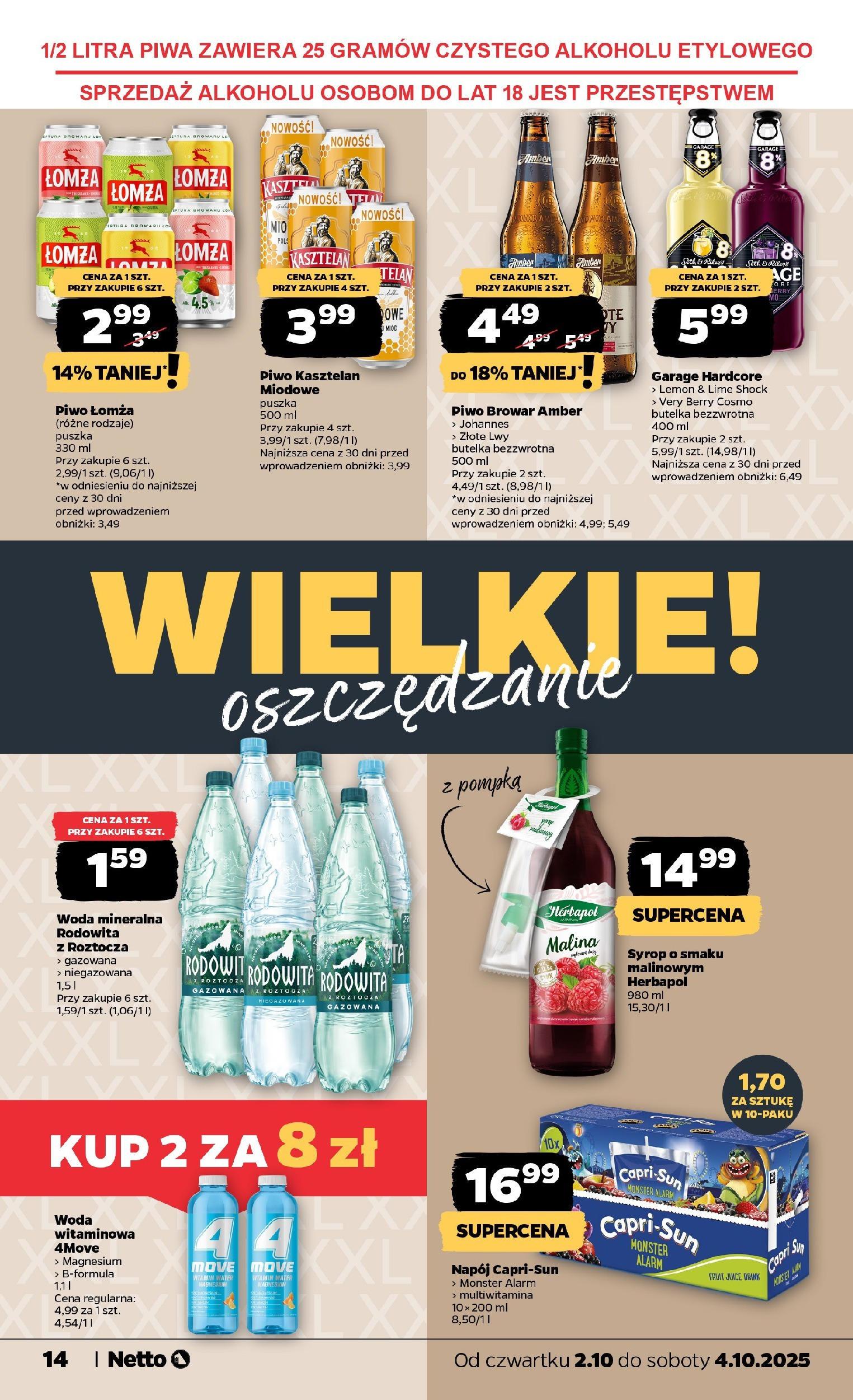 Netto gazetka - Spożywcza od 02.10.2025 - Aktualne promocje | Strona: 14 | Produkty: Syrop, Malina, Piwo, Woda