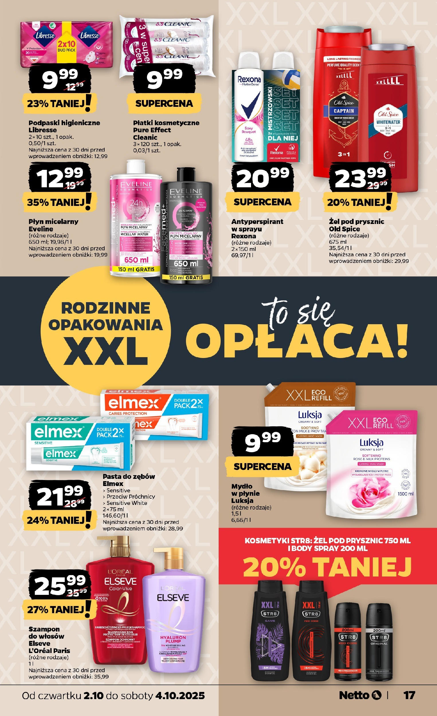 Netto gazetka - Spożywcza od 02.10.2025 - Aktualne promocje | Strona: 17 | Produkty: Kosmetyki, Podpaski, Płatki kosmetyczne, Mydło