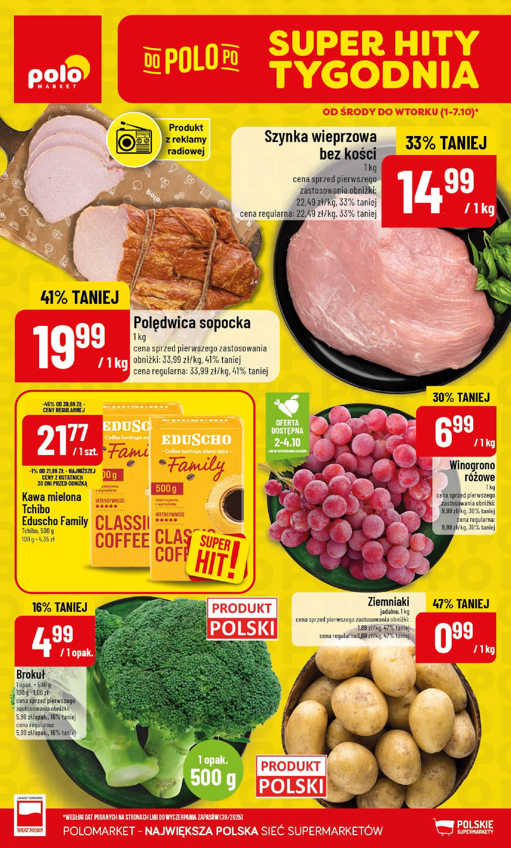 POLOmarket gazetka od jutra (01.10.2025) - Nowa PDF | Strona: 1 | Produkty: Winogrono, Brokuł, Szynka wieprzowa, Tchibo