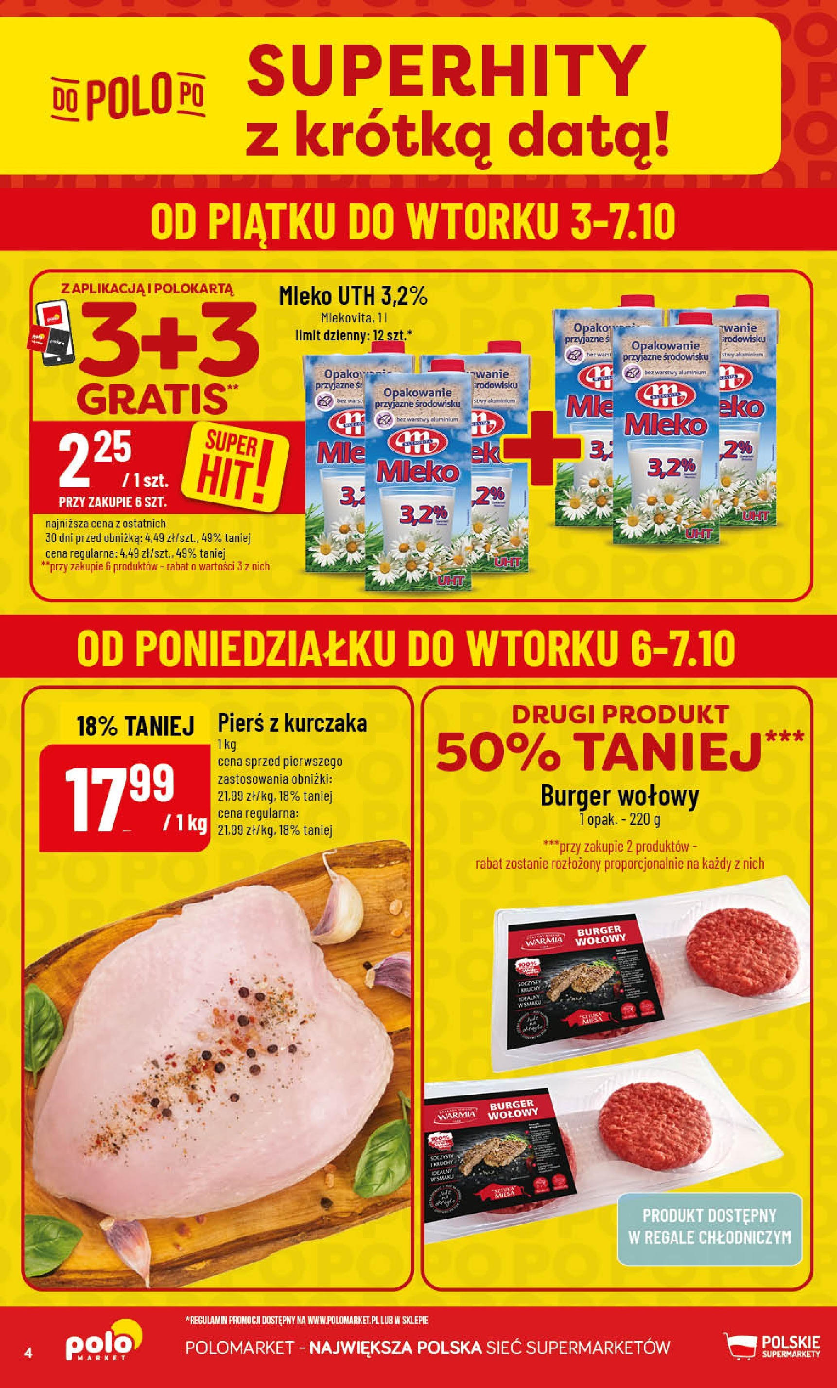 POLOmarket gazetka od jutra (01.10.2025) - Nowa PDF | Strona: 4 | Produkty: Pierś z kurczaka, Burger wołowy, Mleko