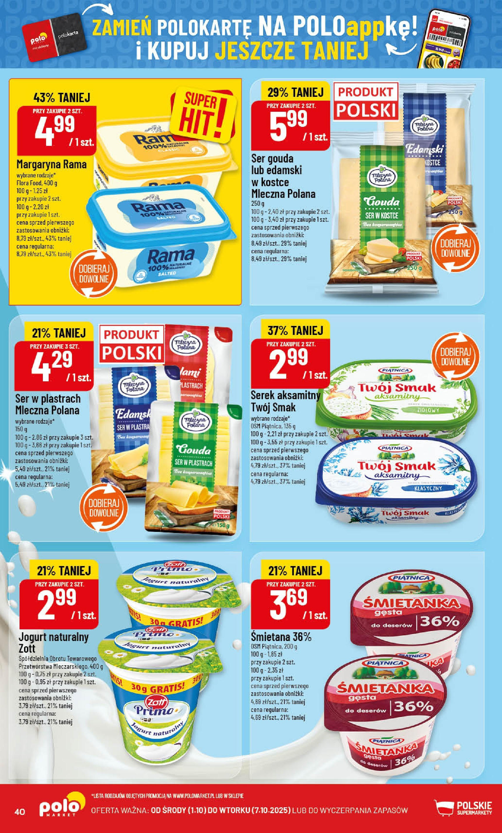POLOmarket gazetka od jutra (01.10.2025) - Nowa PDF | Strona: 40 | Produkty: Jogurt naturalny, Margaryna, Jogurt, Śmietana